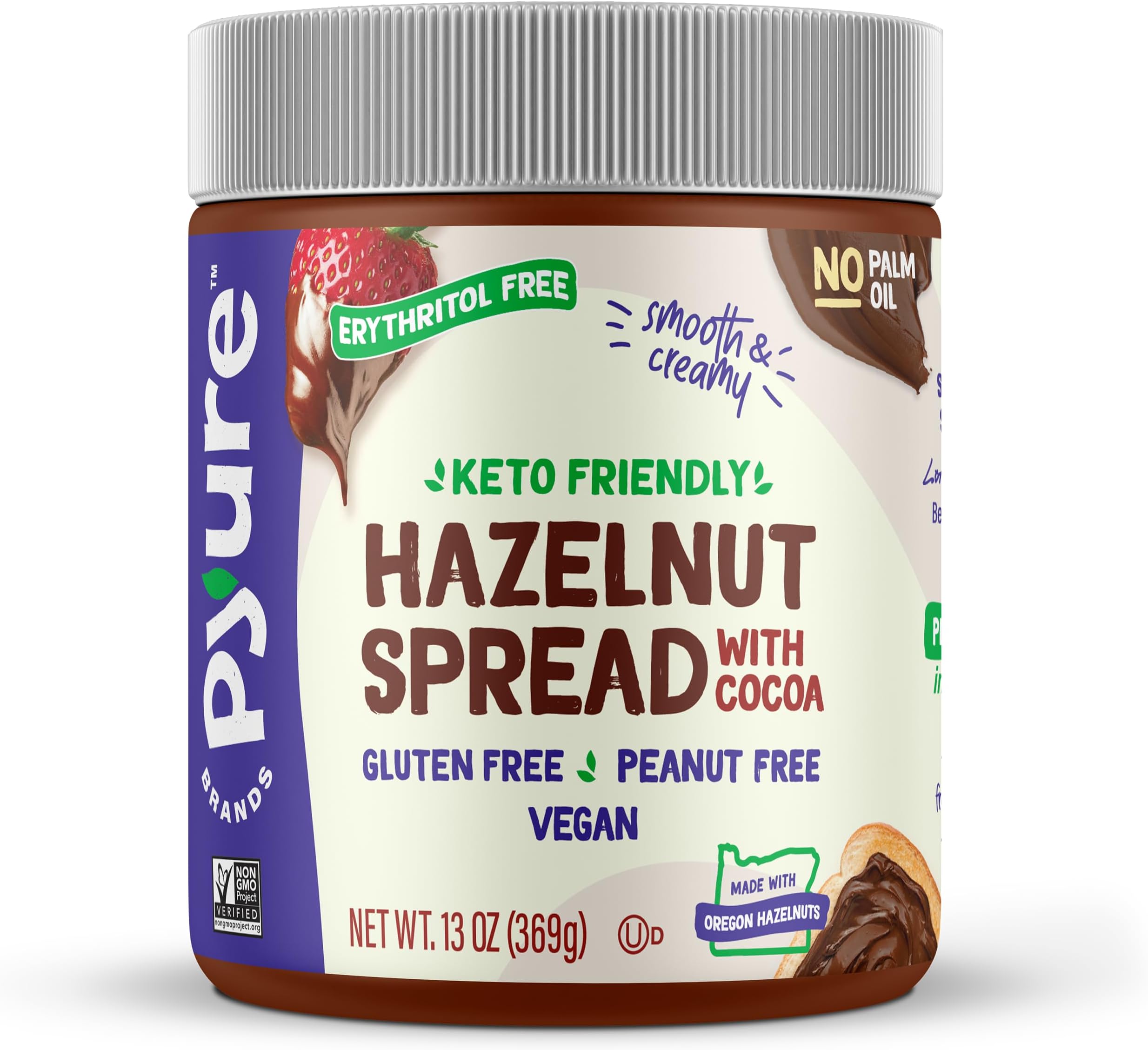 Pyure Keto Hazelnut Chocolate Spread | Sugar-Free Vegan Snack, 13 Oz Jar | Keto Hazelnut Chocolate Spread With 2g Net Carbs For Sugar-Free, Vegan, Gluten-Free, Peanut-Free Snacks And Baking