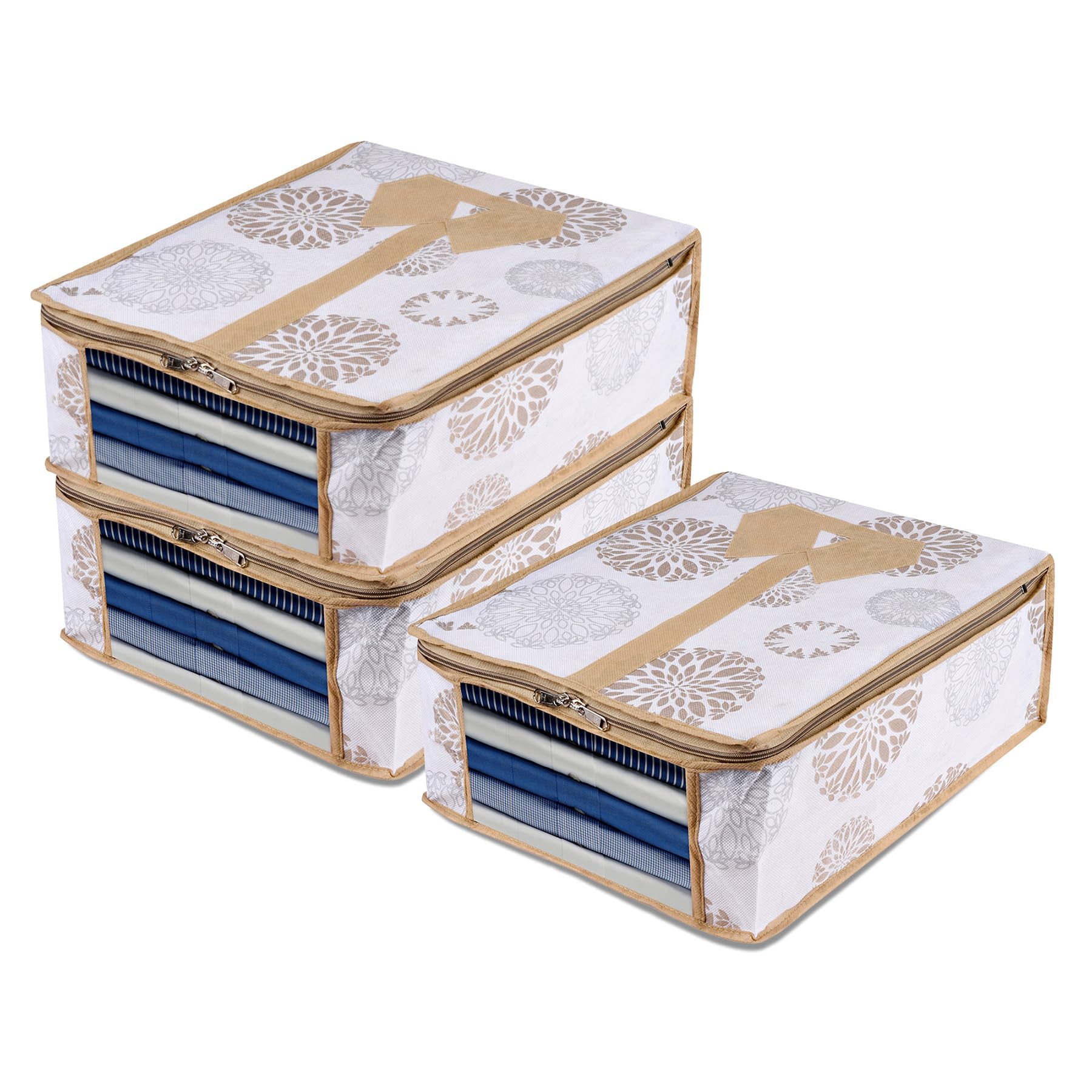 Kuber Industries Pack of 3 Shirt Storage Bag | Wardrobe Storage Bag | Shirt Organizer for Closet | Clothes Storage Bag | Visible Window Shirt Bag | Cloth Organizer | Gola-Print | White