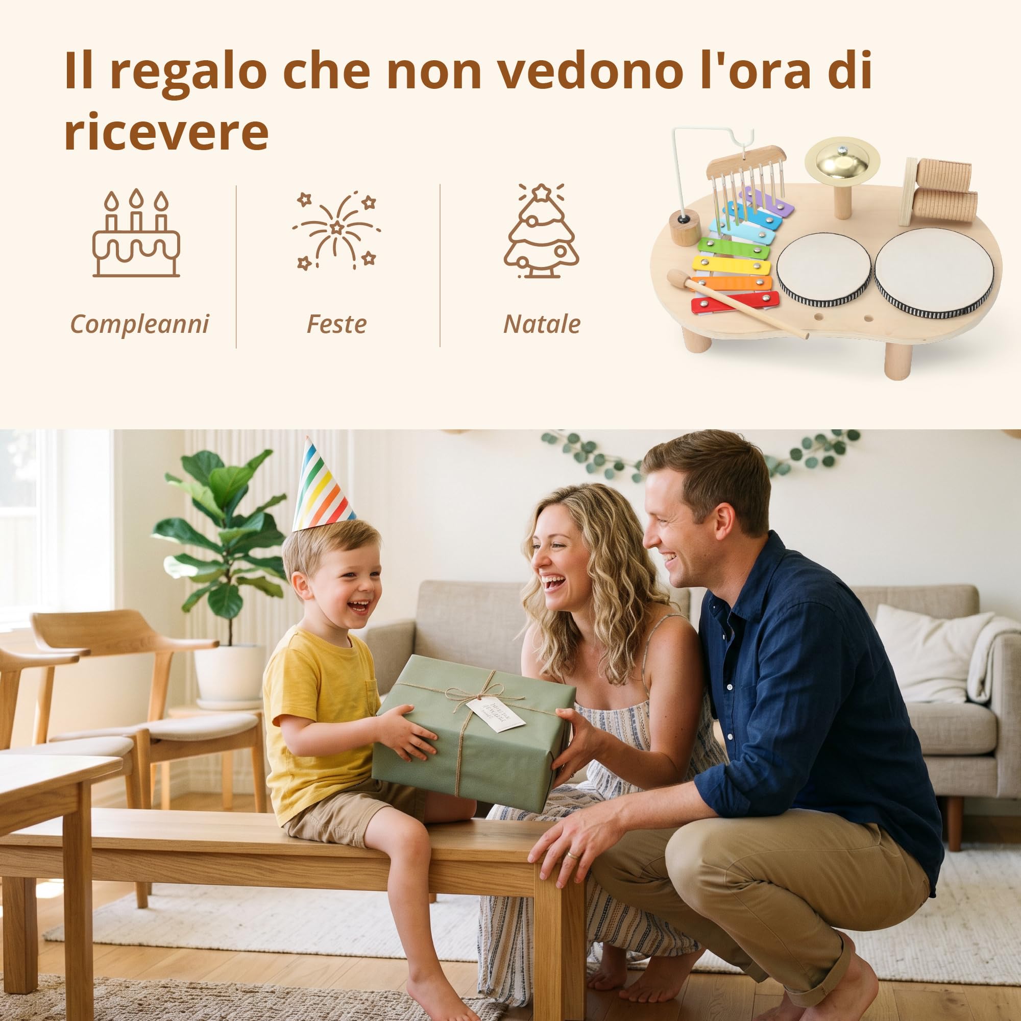 Strumenti Musicali in Legno per Bambini da 1 a 3 Anni, Batteria Montessori con Tamburo, Xilofono e Percussioni, Giocattolo Musicale Educativo, Regalo per Bambine e Bambini