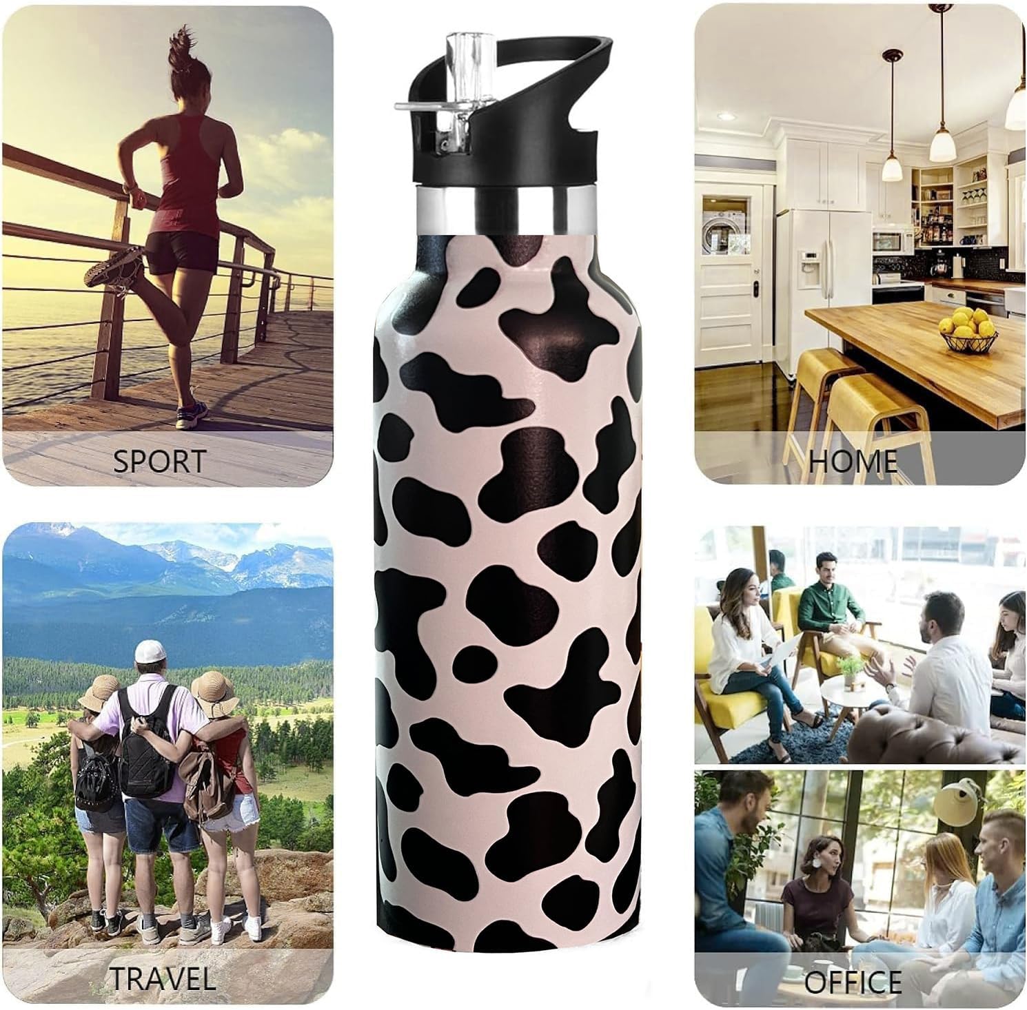 Kids Water Bottle with Straw,Cow Print Bottle Vacuum Insulated Stainless Steel Travel Mugs Tumbler For Sport School Outdoor 20 oz - Image 6