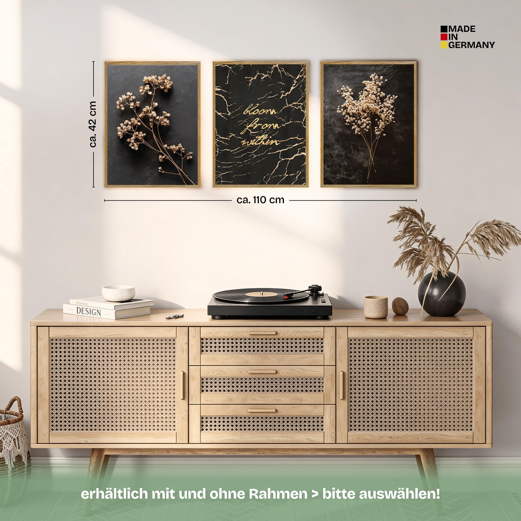 ARTFAVES® Poster Set - Dark Flowers 1-3-teilige Bildercollage Wohnzimmer, Schlafzimmer - moderne Wandbilder Trockenblumen, schwarz-beige, Blumen, elegant - 30x40 cm - mit Rahmen Eiche