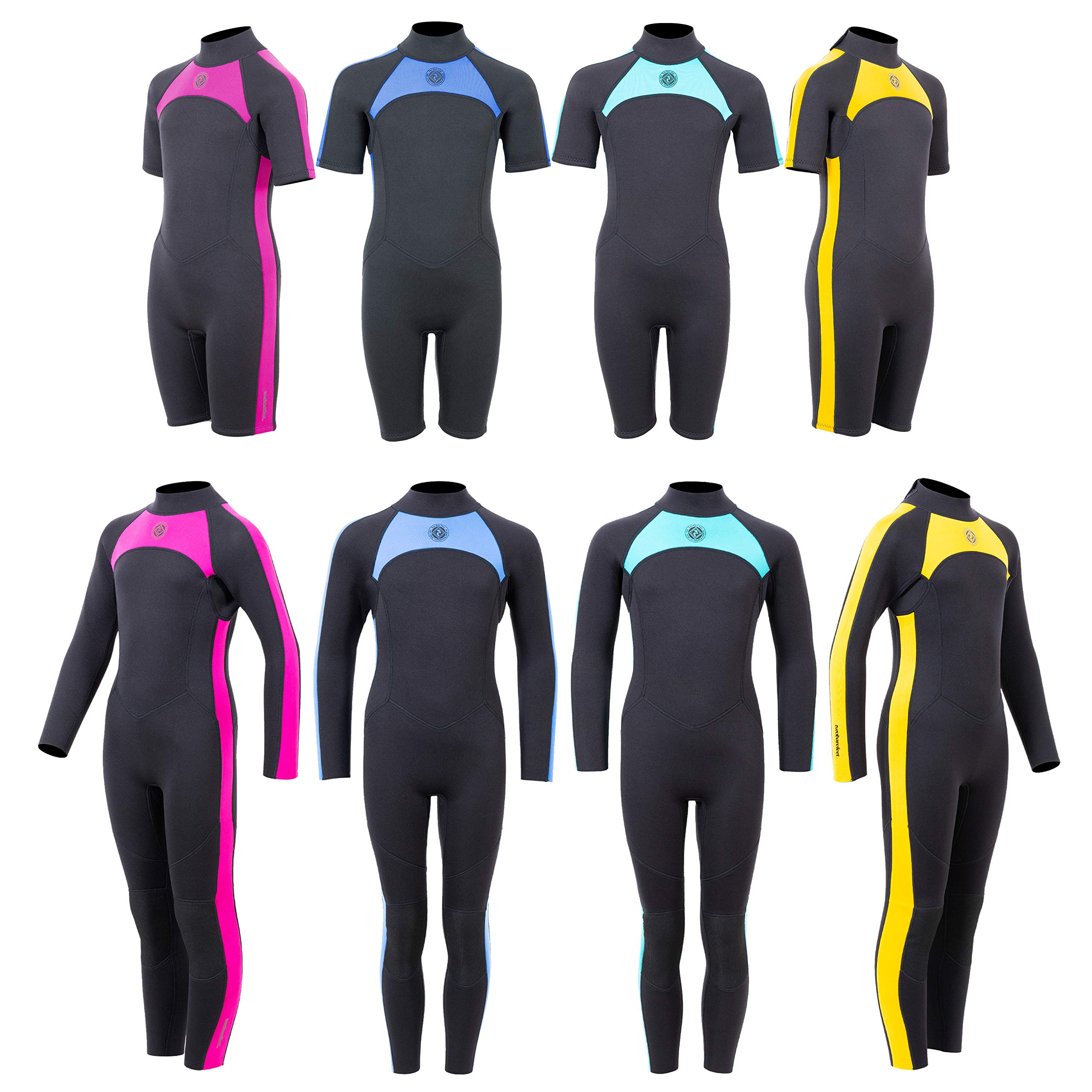 Two Bare Feet Flare 2.5mm Shorty and Full Length Kids Wetsuits - Childrens Summer Wetsuits (Full Length Black/Blue, L)