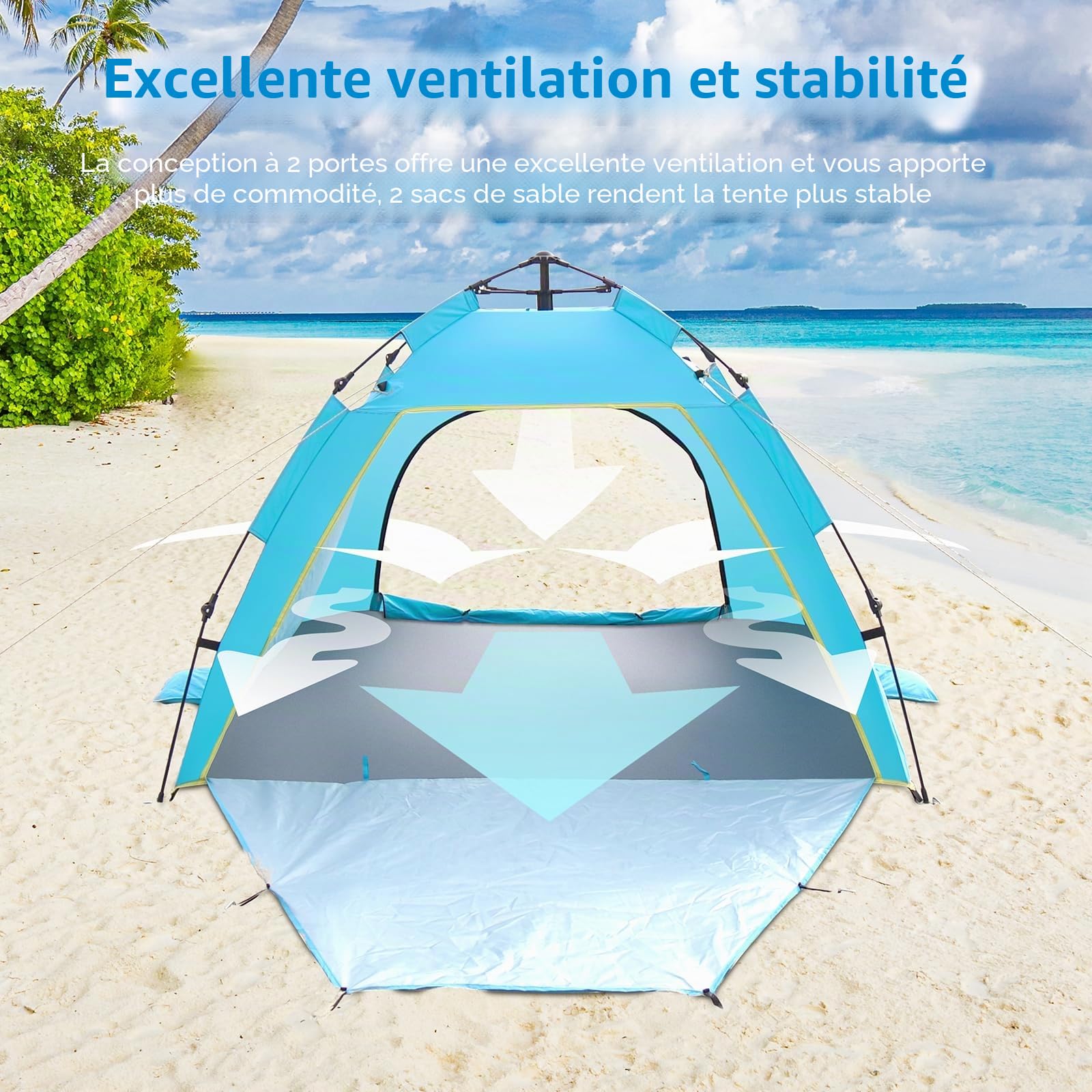 Cflity Tente de Plage Pop Up, 1-3 Personnes Automatique Instantanée UV 50 + Tente de Parasol Surdimensionné, Tente de Plage Extérieure Portable Légère avec Double Porte, Convient pour Le Jardin