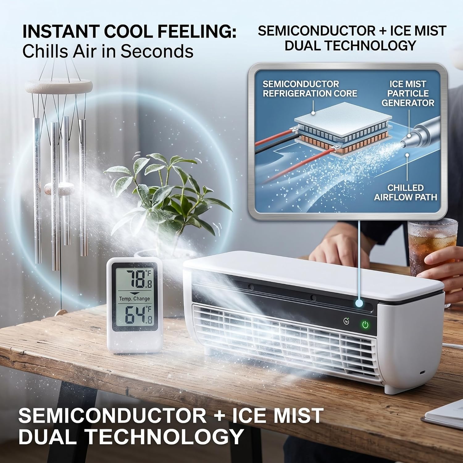 Mini Tower Fan for Bedroom, 2pcs 13.1inch 3 Speed Wall-Mounted Cooling Mist Fan, USB Rechargeable Bladeless Table Fans for Home Dormitory (White+Gray)
