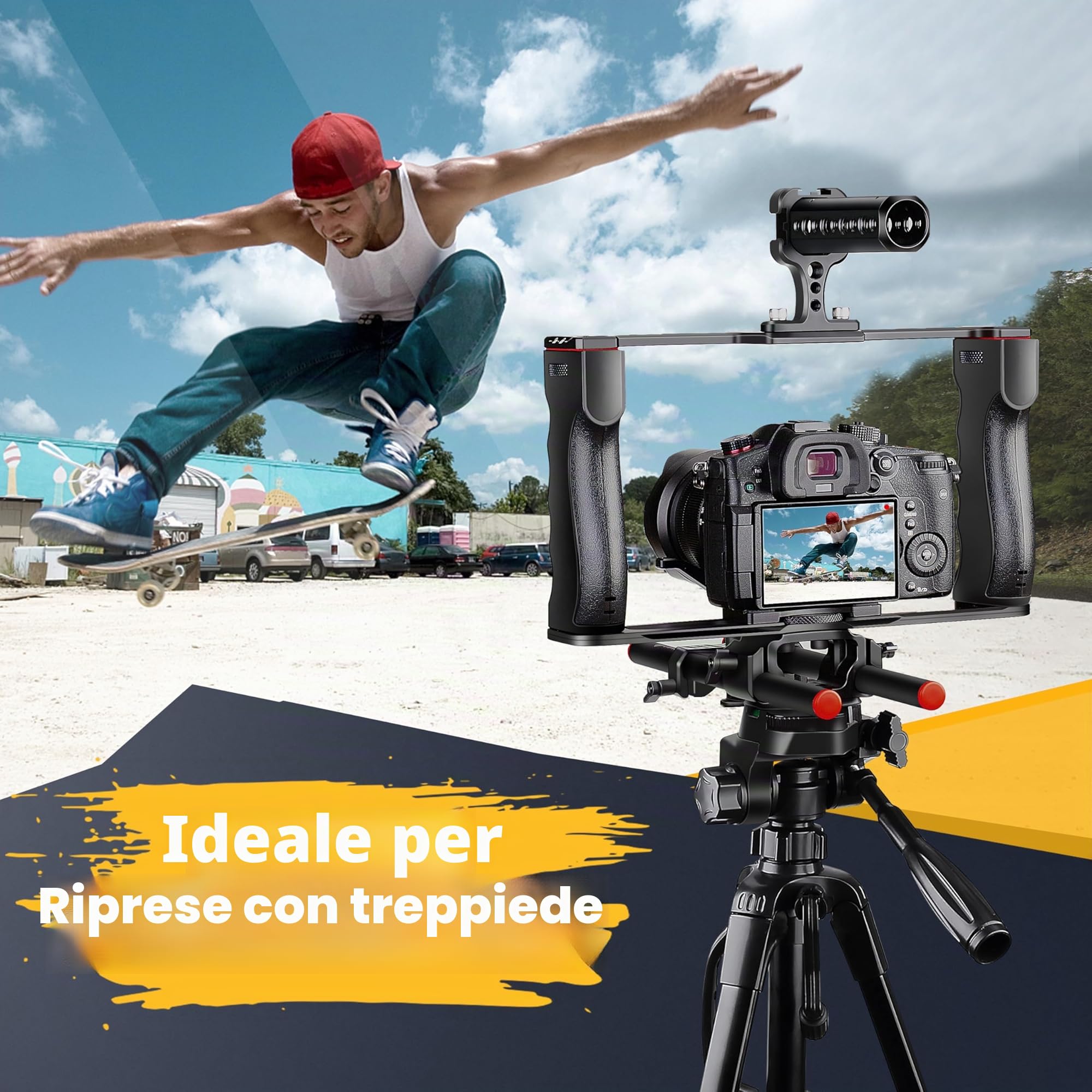 Zeadio Gabbia universale per fotocamera, rig stabilizzatore video a doppia impugnatura con maniglia superiore, 6 attacchi cold shoe, per filmmaking e vlogging YouTube ecc
