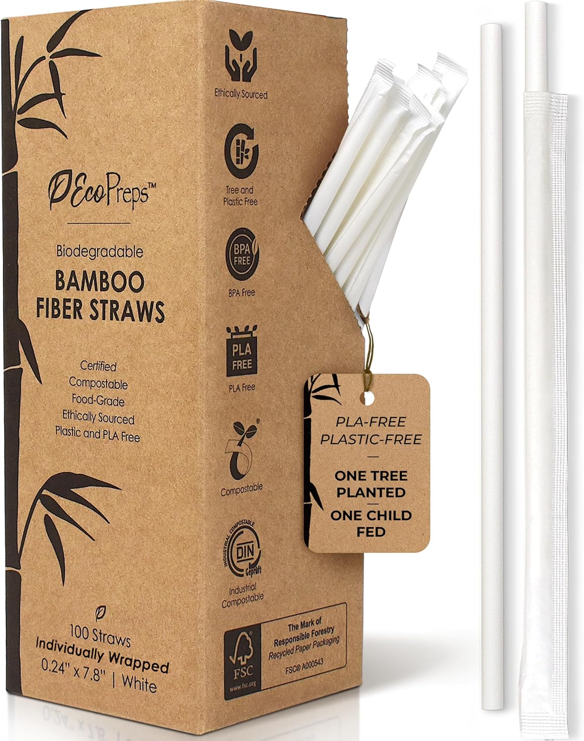 EcoPreps Biodegradable Bamboo Fiber Straws, Plastic-Free Individually Wrapped Straws | 300 Count, 100% Compostable, Eco-Friendly Drinking Straw | 7.8'' Plant Fiber Disposable Straw in White Paper Wrap
