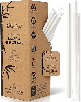 EcoPreps Biodegradable Bamboo Fiber Straws, Plastic-Free Individually Wrapped Straws | 100 Count, 100% Compostable, Eco-Friendly Drinking Straw | 7.8 Plant Fiber Disposable Straw in White Paper Wrap