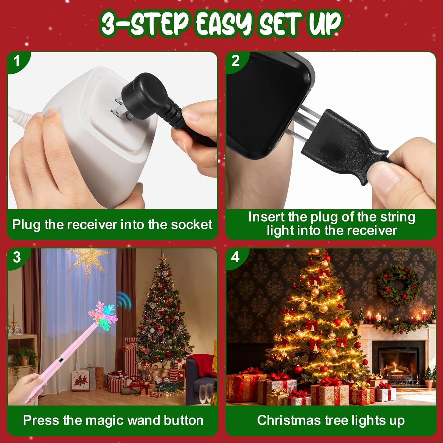 Wireless Remote Control Outlet, Magic Light Wand for Christmas Tree Lights and Home Decoration Lights, Remote Magic Wand Switch Kit with Music, Ideas for Kids/Friends/Family, Pink