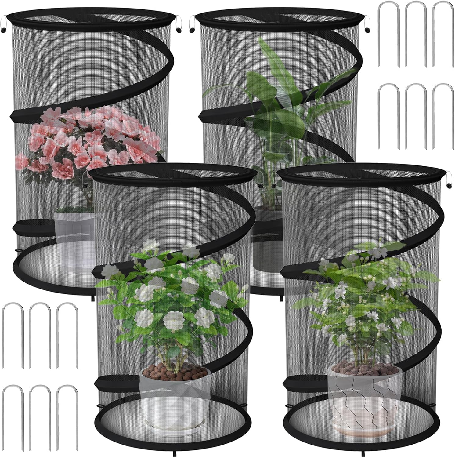 4 Pack Pop up Plant Guard Covers Tent from Animals Black, 19.6" x 11.8" Foldable Plant Protectors Mesh Net, Garden Plant Enclosure Protection Cage with Stakes & Carry Bag for Outdoor Plants
