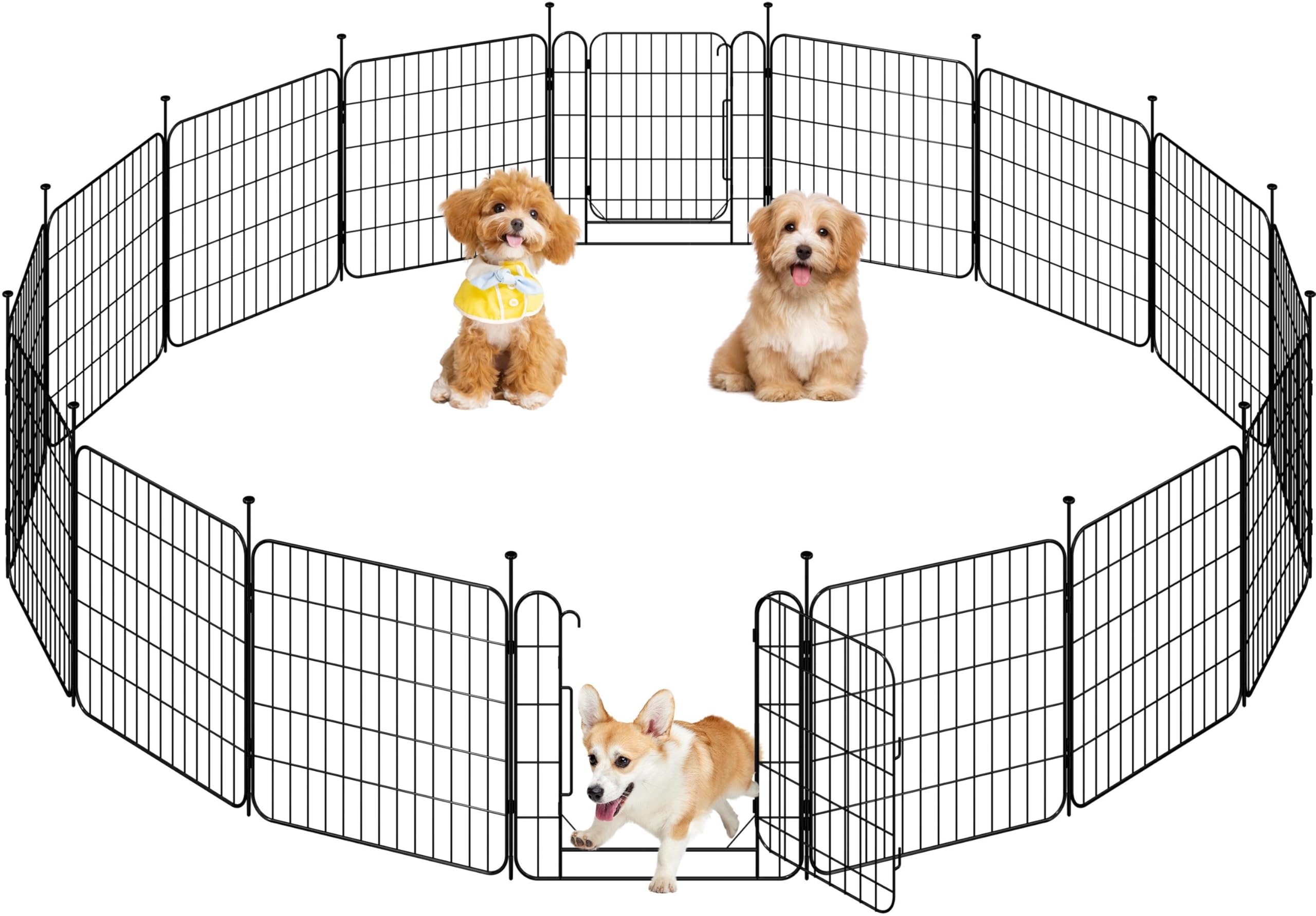 Yaheetech 16 Paneles Parque para Perros 60 x 60 cm con 2 Puertas Recinto Interior Reja Plegable para Cachorros y Conejos Perreras de Metal para Exterior con Estacas, Punta Ovalada y Plana