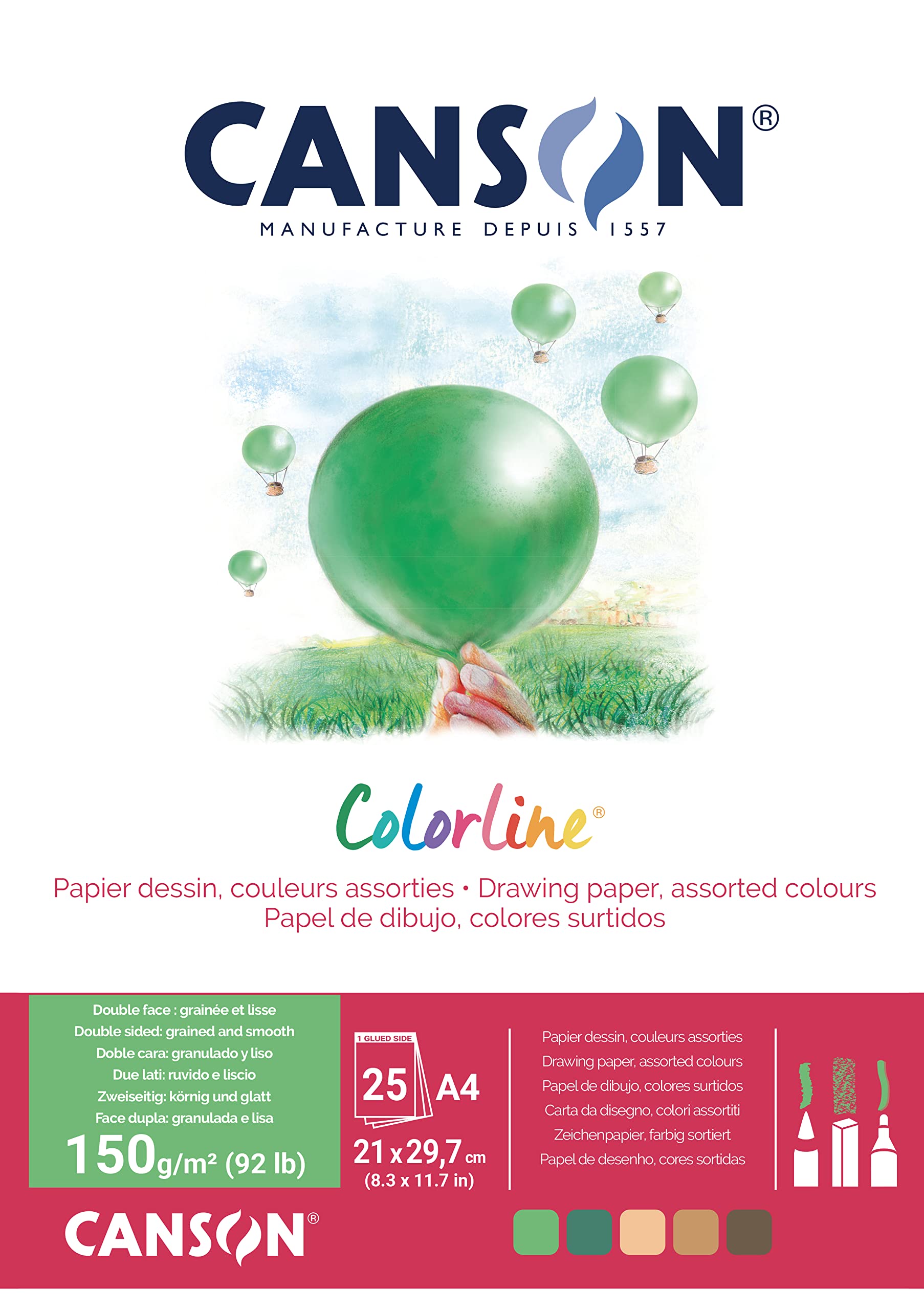 Canson Mixed Colours Colorline A4 Colour Drawing Paper Pad 150Gsm Assorted Green/Brown (25 Sheets)