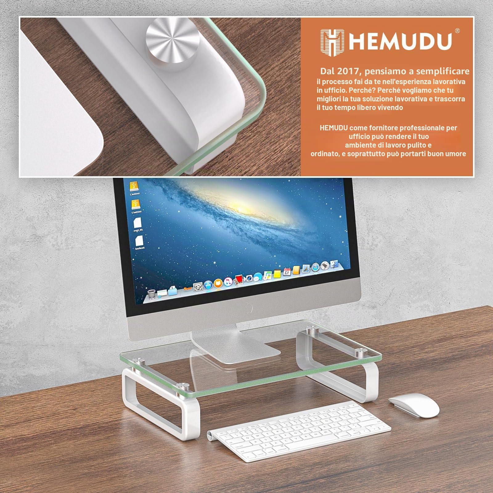Hemudu Supporto Monitor Scrivania, Rialzo Monitor Altezza Regolabile, Porta PC Portatile per Laptop/Computer/Xbox One, con Vetro Temperato e Gambe in Metallo, 38X24X5cm, Peso Massimo 40kg, HD02T-001P