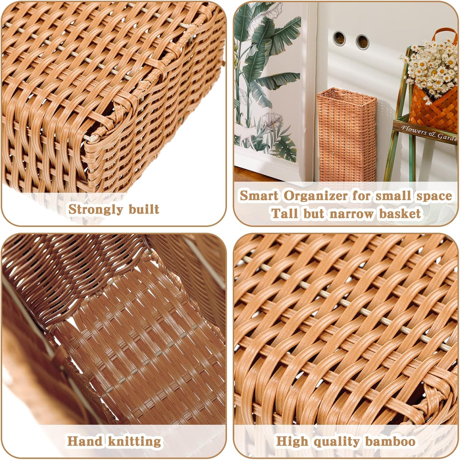 Weysat Woven Umbrella Stand for Entryway Handmade Umbrella Holder Freestanding Cane Stand Natural Color Decorative Umbrella Rack Tall Basket for Laundry Bathroom (Rectangular Style)