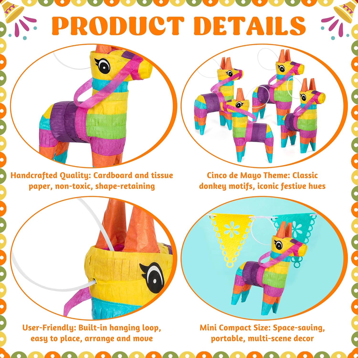8 PCS Mini Cinco de Mayo Pinatas, 5.51 x 1.97 x 7.28 Inches Cinco de Mayo Decorations, Colorful Donkey Mexican Fiesta Party Decorations, Donkey Pinata for Table Home Office Taco Tuesday Event