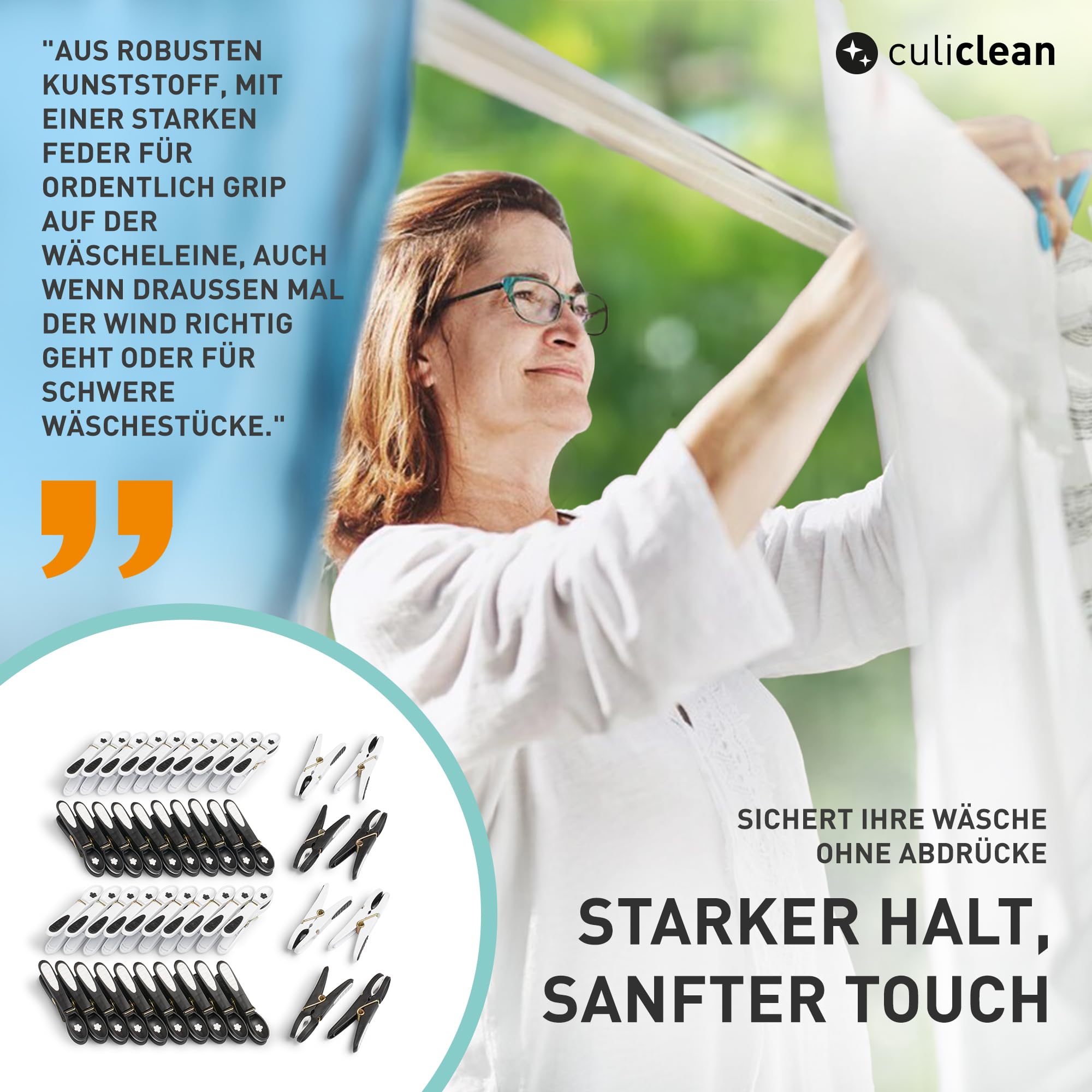 culiclean Wäscheklammern mit Korb, 48x + 1 Korb, schwarz-Weiss | Klammerkorb und Wäscheklammer Blume, stabile Kluppen mit Softgrip, 80 mm, windfest, UV-beständig, BPA-frei, Made in France