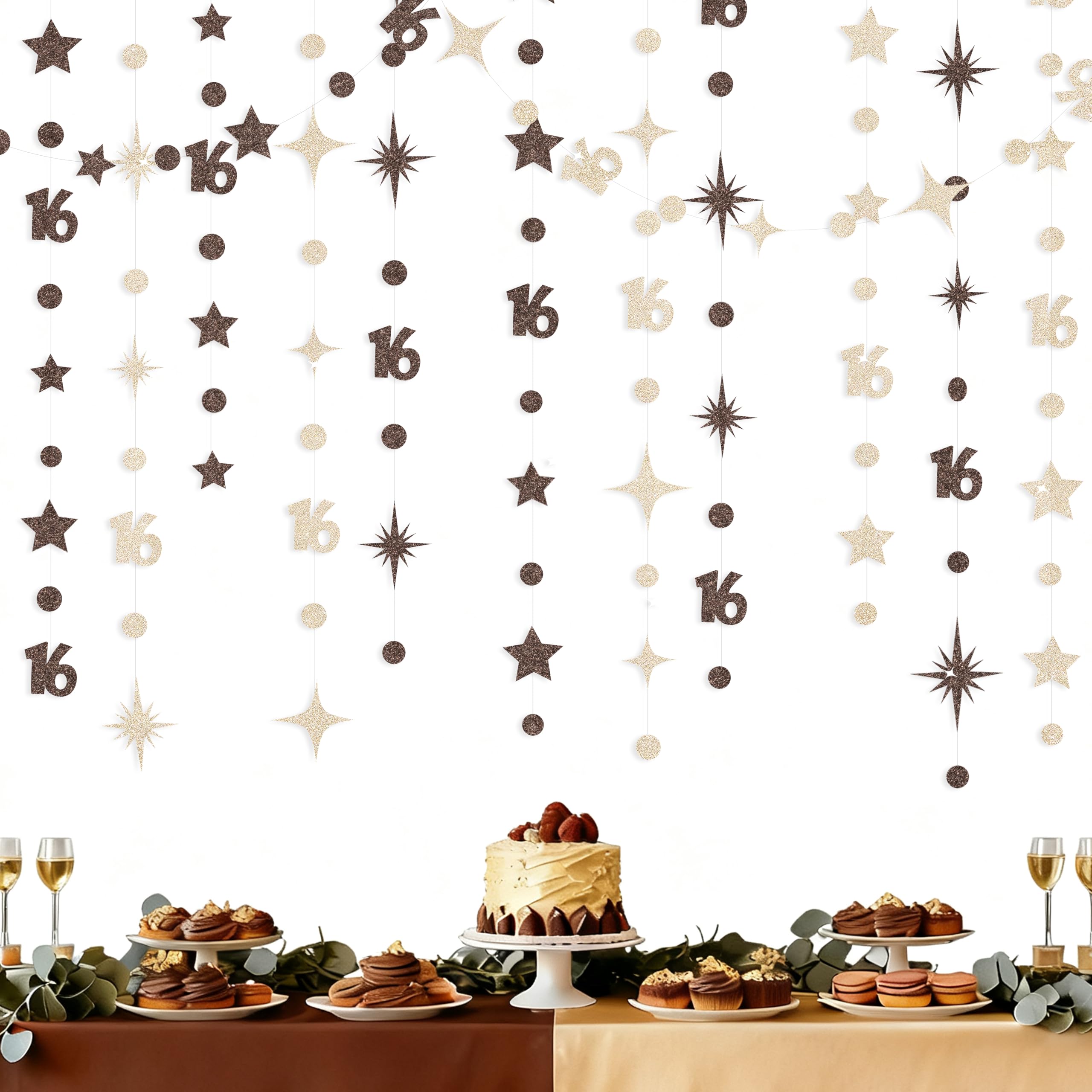 Champagne Gold Brown 16th Birthday Decorations Number 16 Circle Dot Star Garland Streamer Banner Backdrop for Girls Boys Sweet Sixteen Cheers to 16 Years Old Happy 16th Birthday Party Supplies