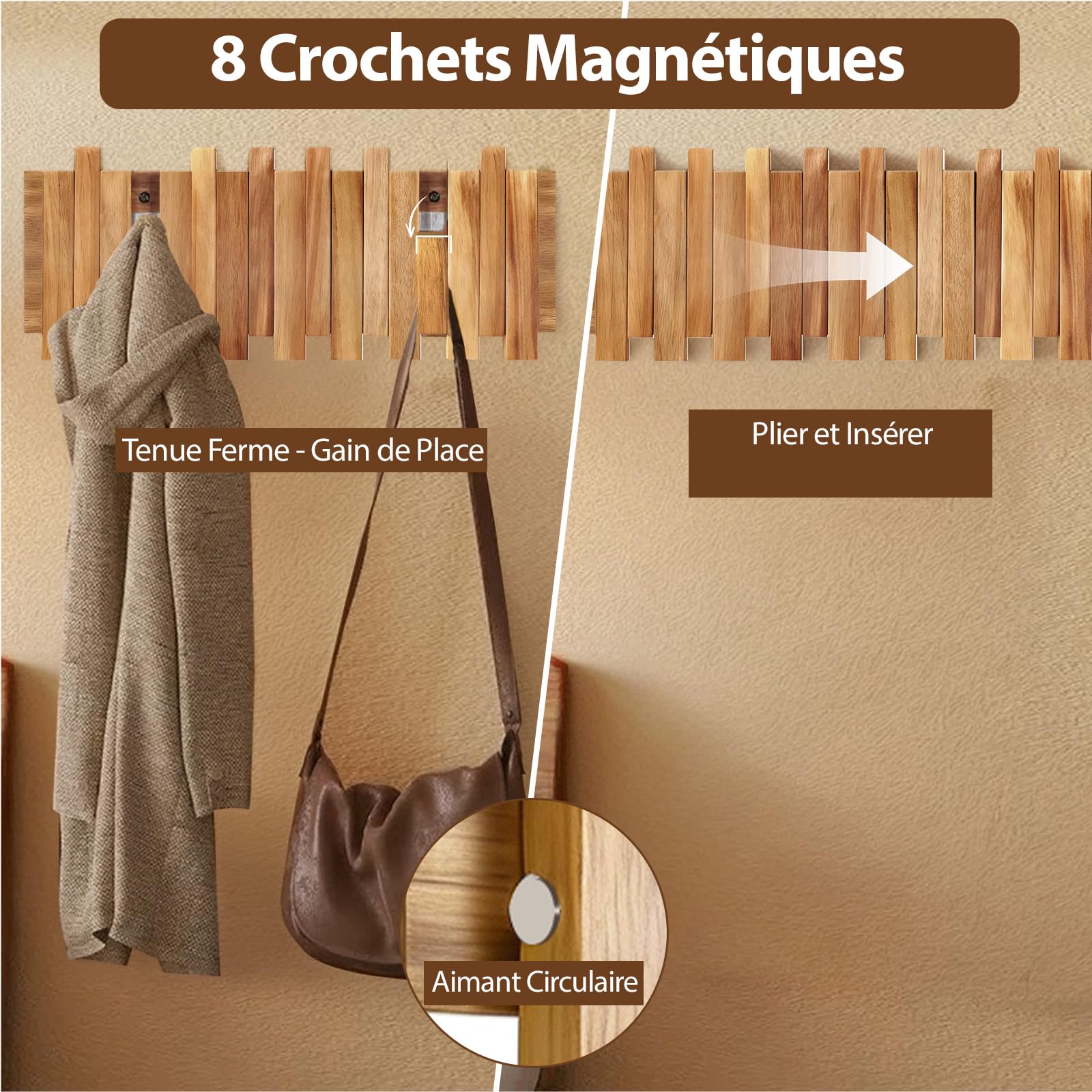 Crochets Pliables En Bois, Porte-Manteau Mural En Bois, Porte-Manteau Design Moderne, Étagère en boi avec 8 crochets, Convient Aux Couloirs, Salles De Bains Et Chambres (42,5 X 16 X 2,5 cm)