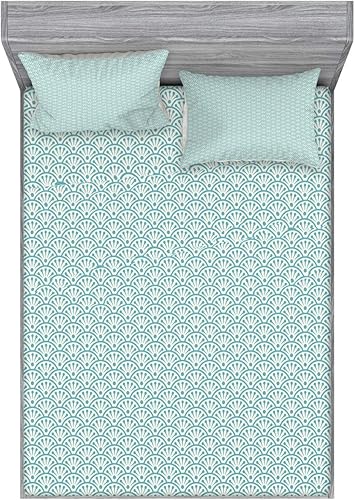 Ambesonne Eastern Fitted Sheet & Pillow Sham Set, Traditional Design Conceptual Artwork Sea Inspired Waves Retro Floral, Decorative Printed 3 Piece