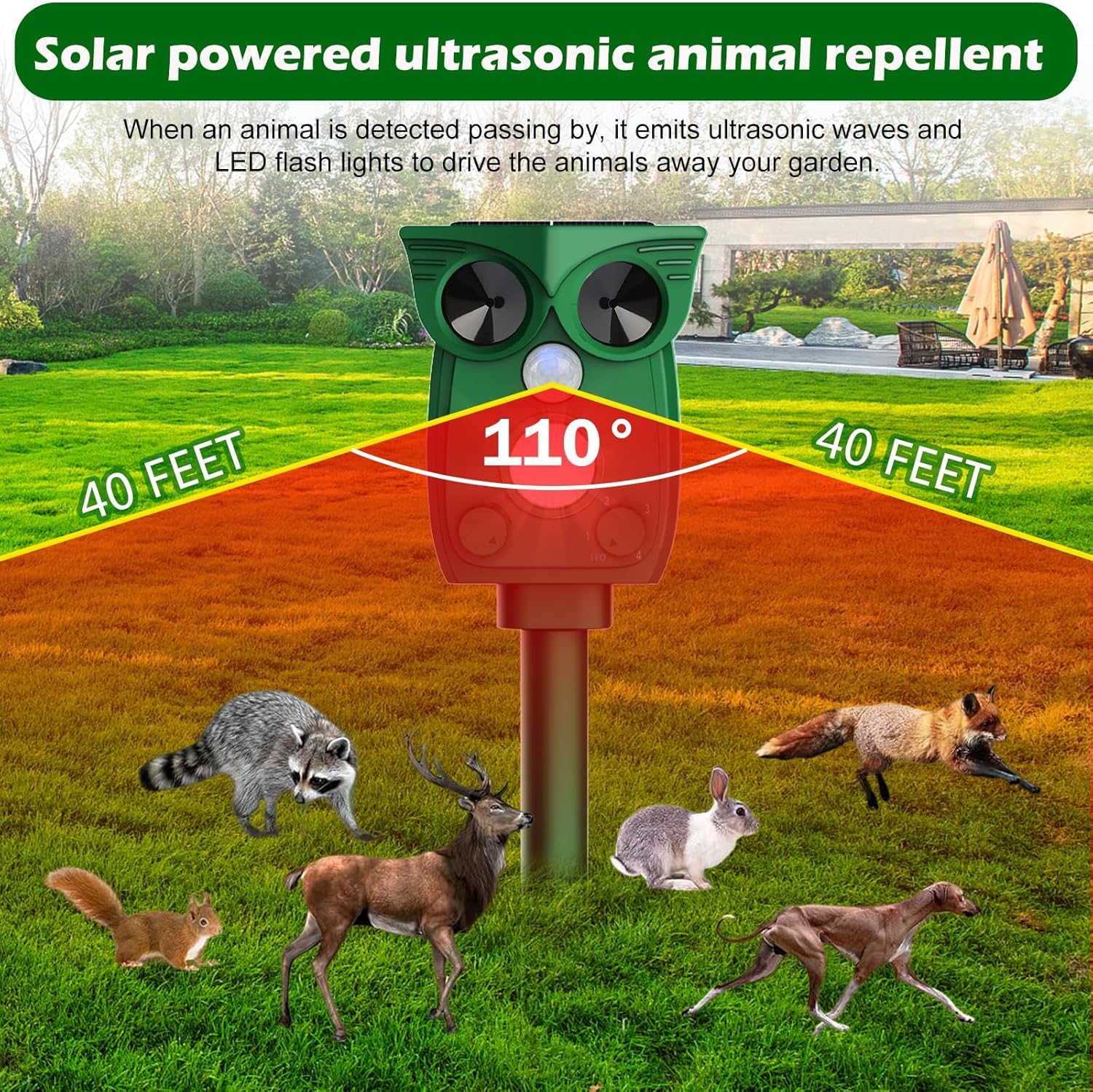 Repelente solar para gatos para jardines, Reino Unido, 4 modos, disuasorio de gatos, repelente ultrasónico para gatos con sensor de movimiento PIR y luz intermitente, repelente ultrasónico impermeable