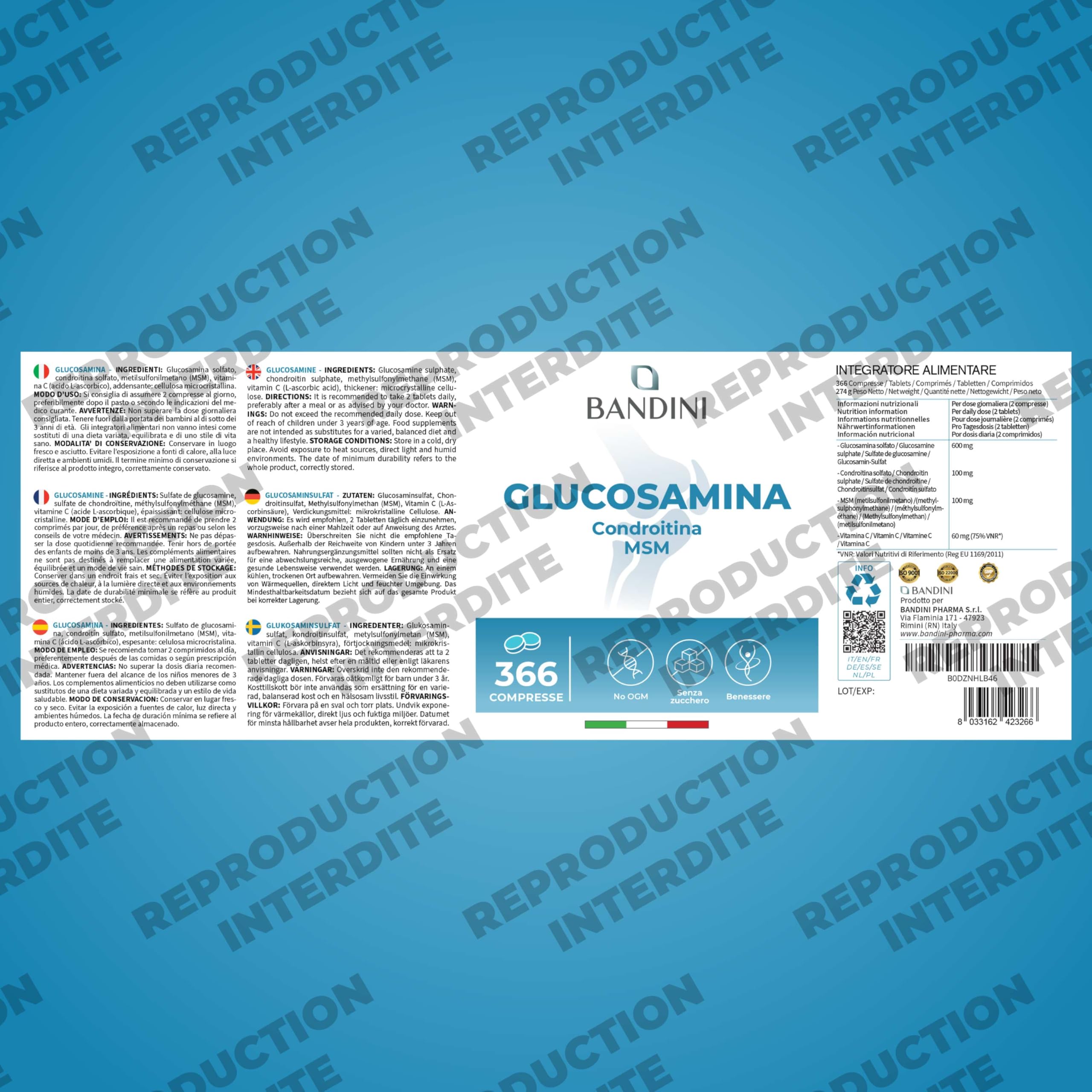 Bandini® Glucosamine Chondroïtine MSM + Vitamine C | 366 comprimés - 6 mois | Réduit inflammations des articulations, renforce le cartilage | 600mg de glucosamine, 100mg de chondroitine & MSM par dose