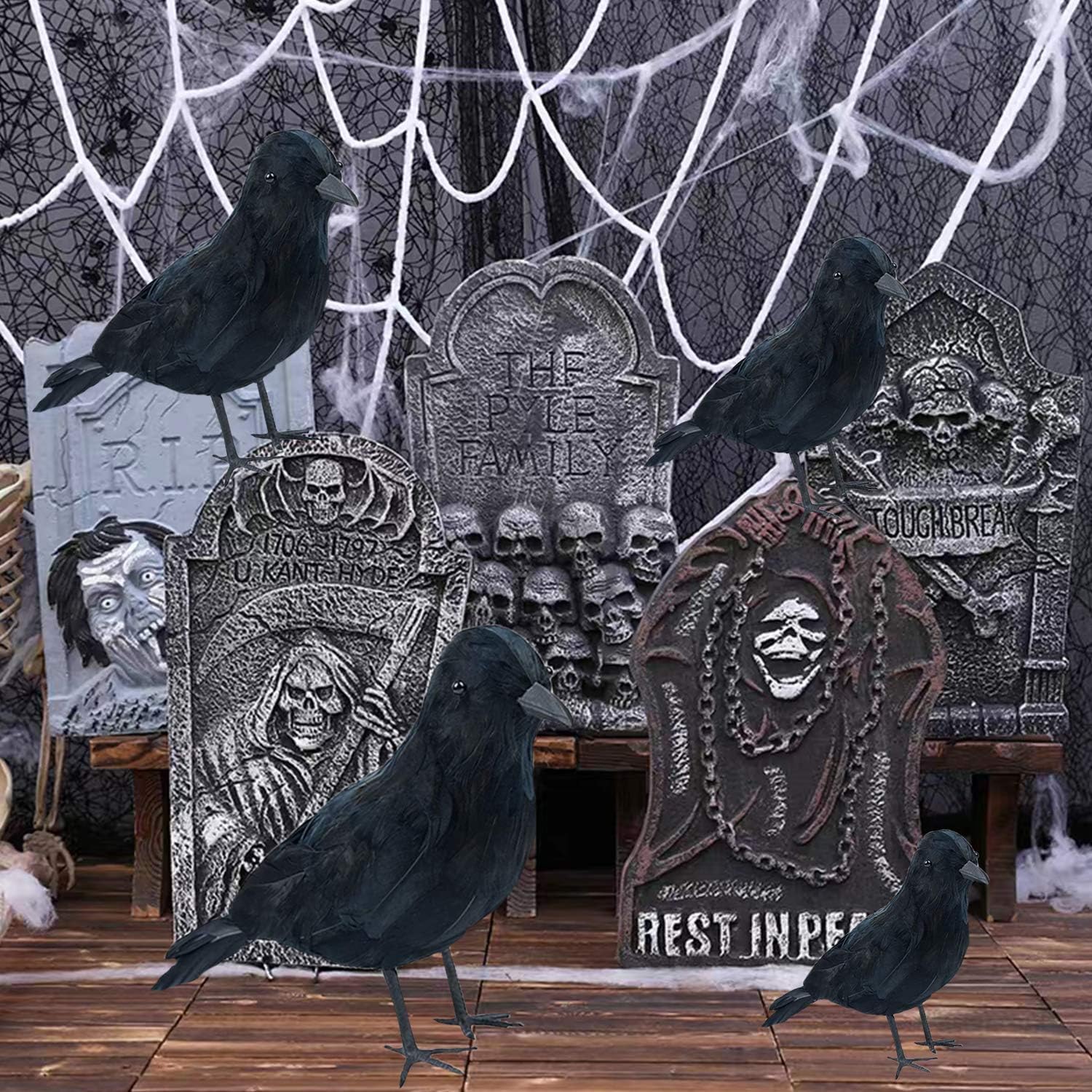 CREPRO Halloween Black Crows Large Realistic Feathered Crows Artificial Crow Halloween Handmade Feathered Crow for Halloween Indoor Outdoors Ravens Birds Decoration (8-12 inch)