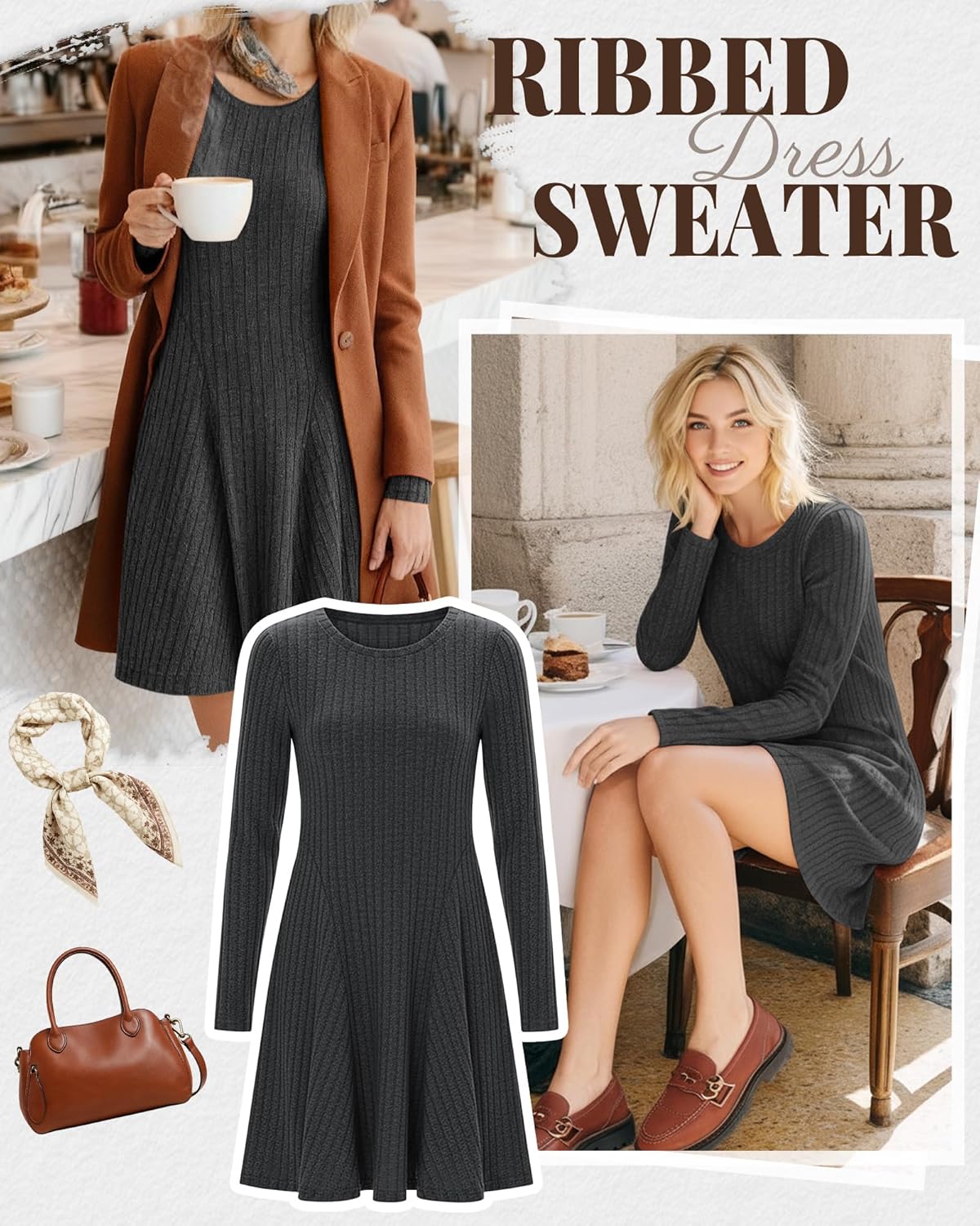 JoyMotion Women's Long Sleeve Sweater Short Dress Ribbed Crew Neck A Line Swing Dress Lightweight Fall Winter Casual Dresses(Dark Gray,X-Large) - Image 2