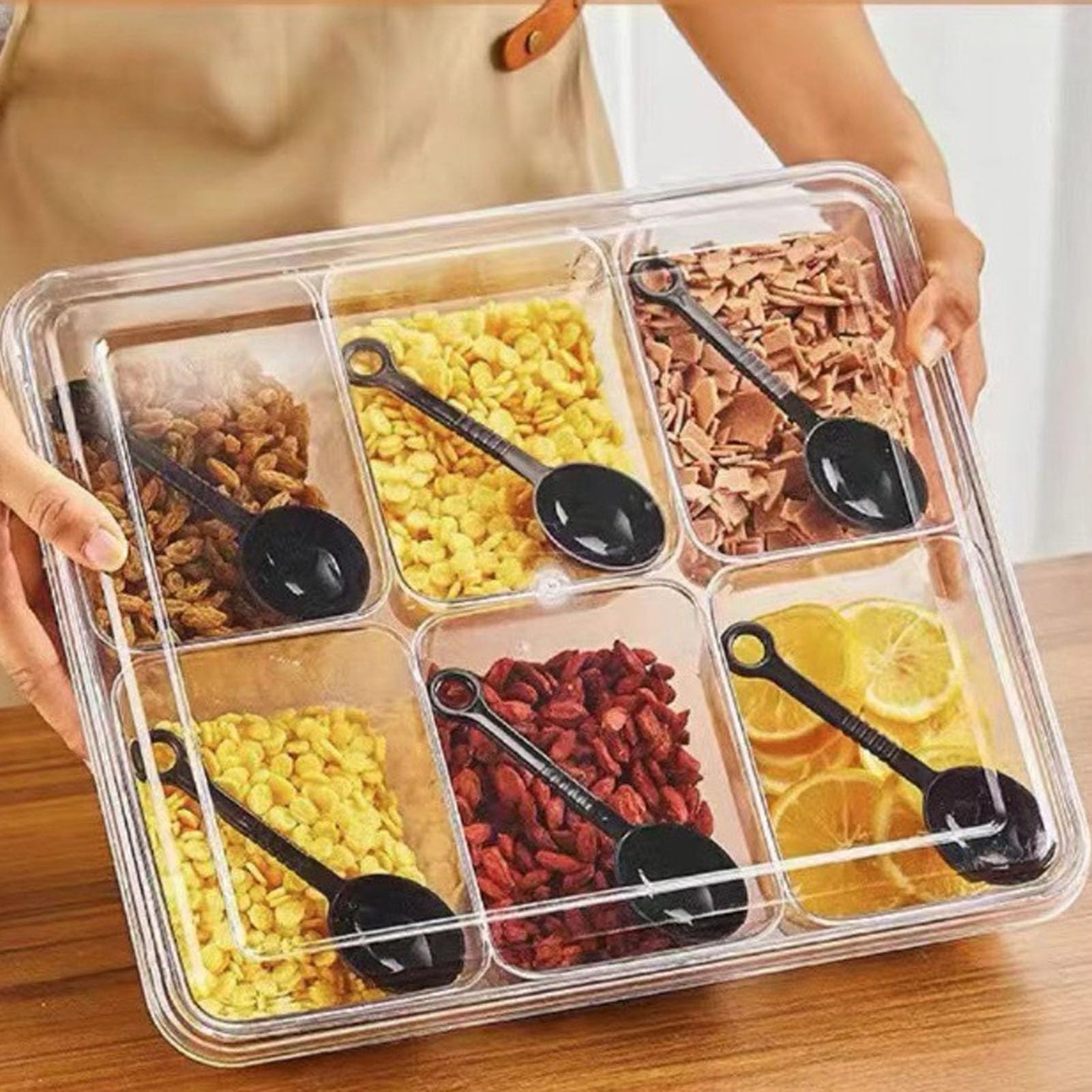 Bandeja para servir dividida con 6 cucharas, 6 compartimentos Caja de condimentos de gran capacidad para frutas Opciones de acero inoxidable y plástico disponibles (Plástica)