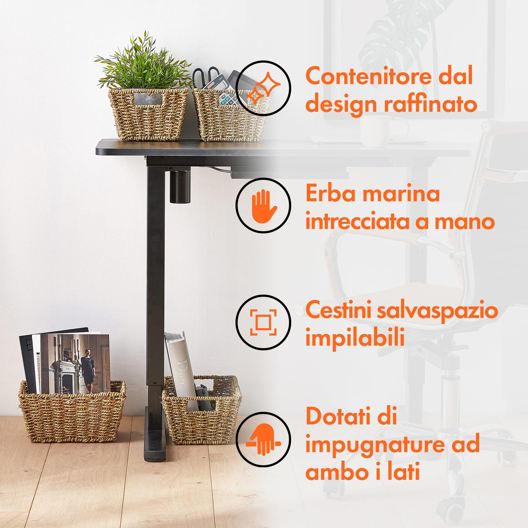 VonHaus Ceste Portaoggetti in Seagrass, Set di 4 Cestini Portaoggetti Intrecciati a Mano - Cestini Portaoggetti Bagno in Seagrass Naturale con Manici - Cestini Ufficio e Camera