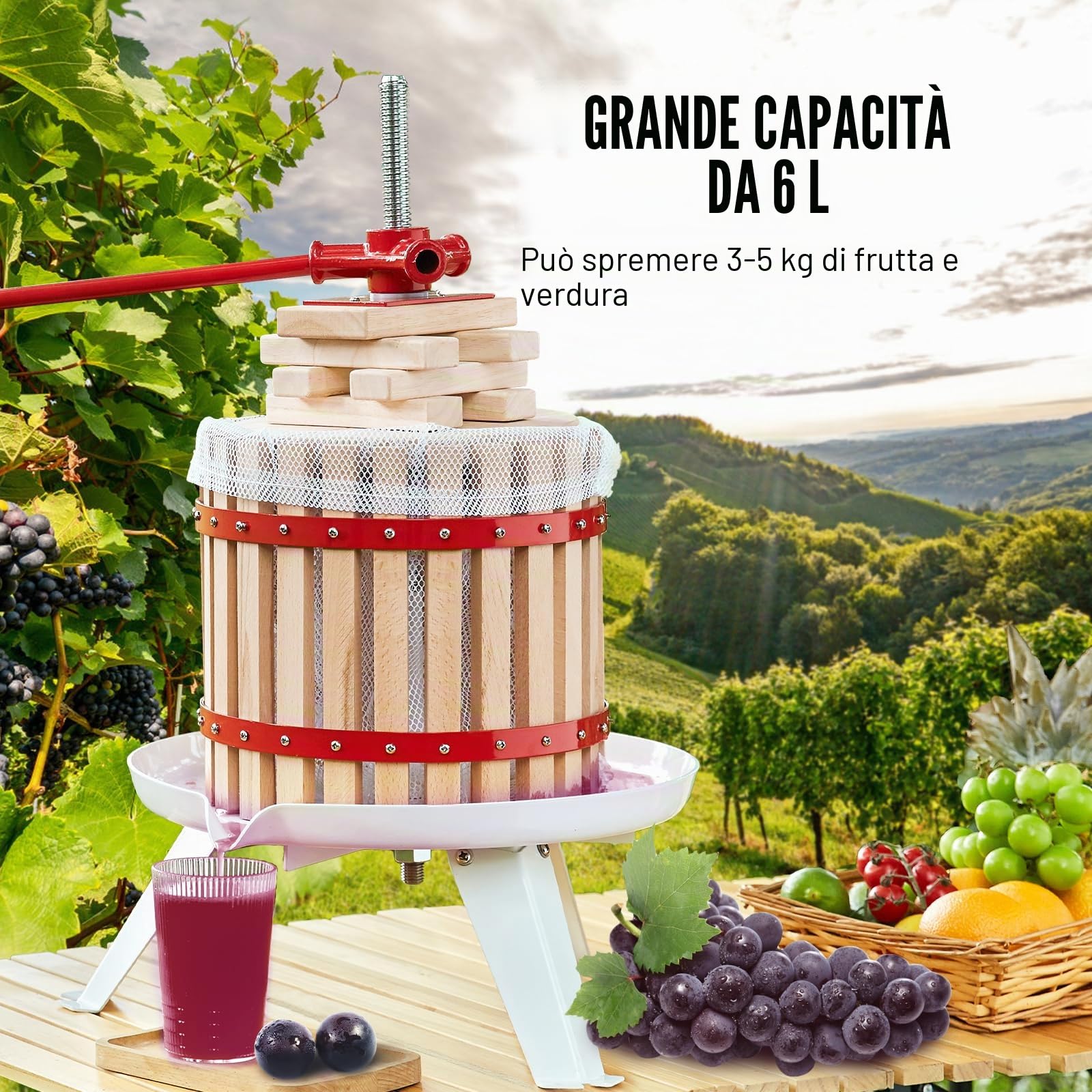 VEVOR Torchio Manuale per Vini di Frutta 6 Litri 1,6 Galloni Torchietto Pressa per Succo Spremiagrumi con Impugnatura con Cestello in Legno Massello Estrattore per Olio d'Oliva UVA Mela Verdure Miele