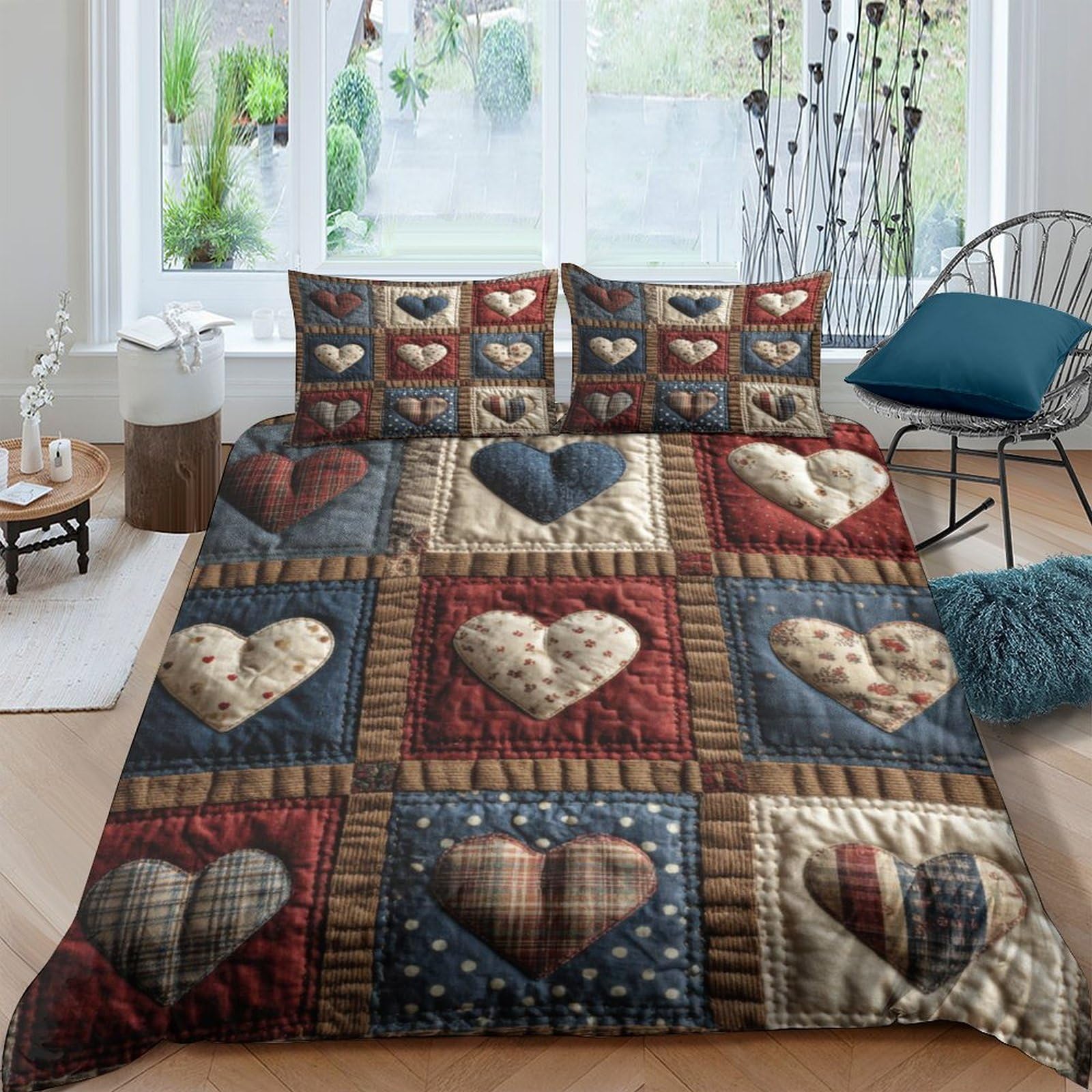Ctjqhvkz Style-5 3D Printed Patchwork Hearts Fitted Sheet Microfiber Bedroom Decor Rustic Red Blue Bed Cover Mattress Protection Single（135X200cm）