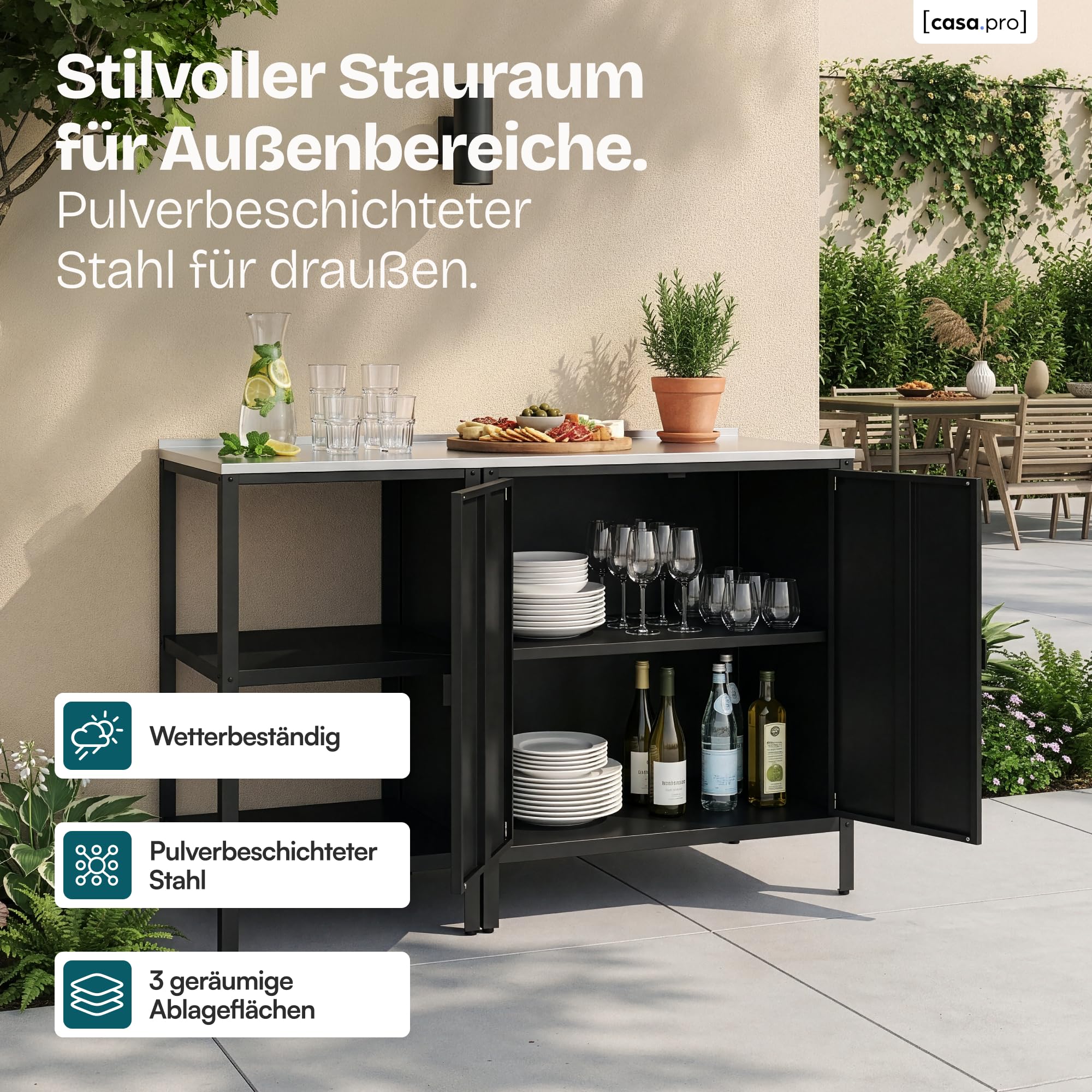 casa.pro Outdoorset Bolognano Gartenmöbelset Outdoor-Standregal und Outdoor-Schrank im Set Gartenschrank Gartenregal für Grill Möbelset für Drinnen und Draußen Schwarz matt