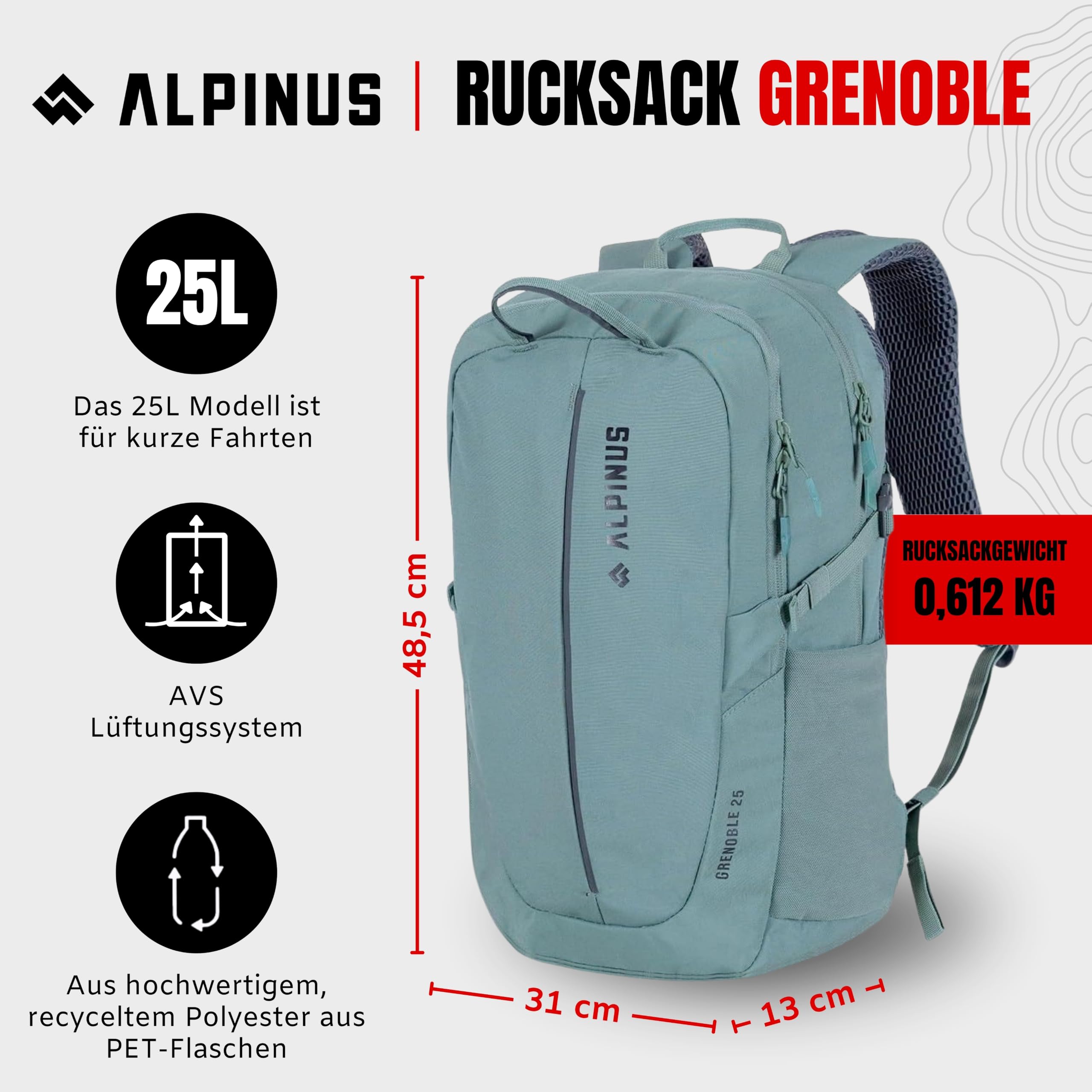 Alpinus - Wanderrucksack Grenoble 25 L, Rucksack Sport und Outdoor, Stadtrucksack Große Hauptkammer, Robustes Material, Backpacking Ergonomisch Geformte, Trekkingrucksack - Salbeifarben