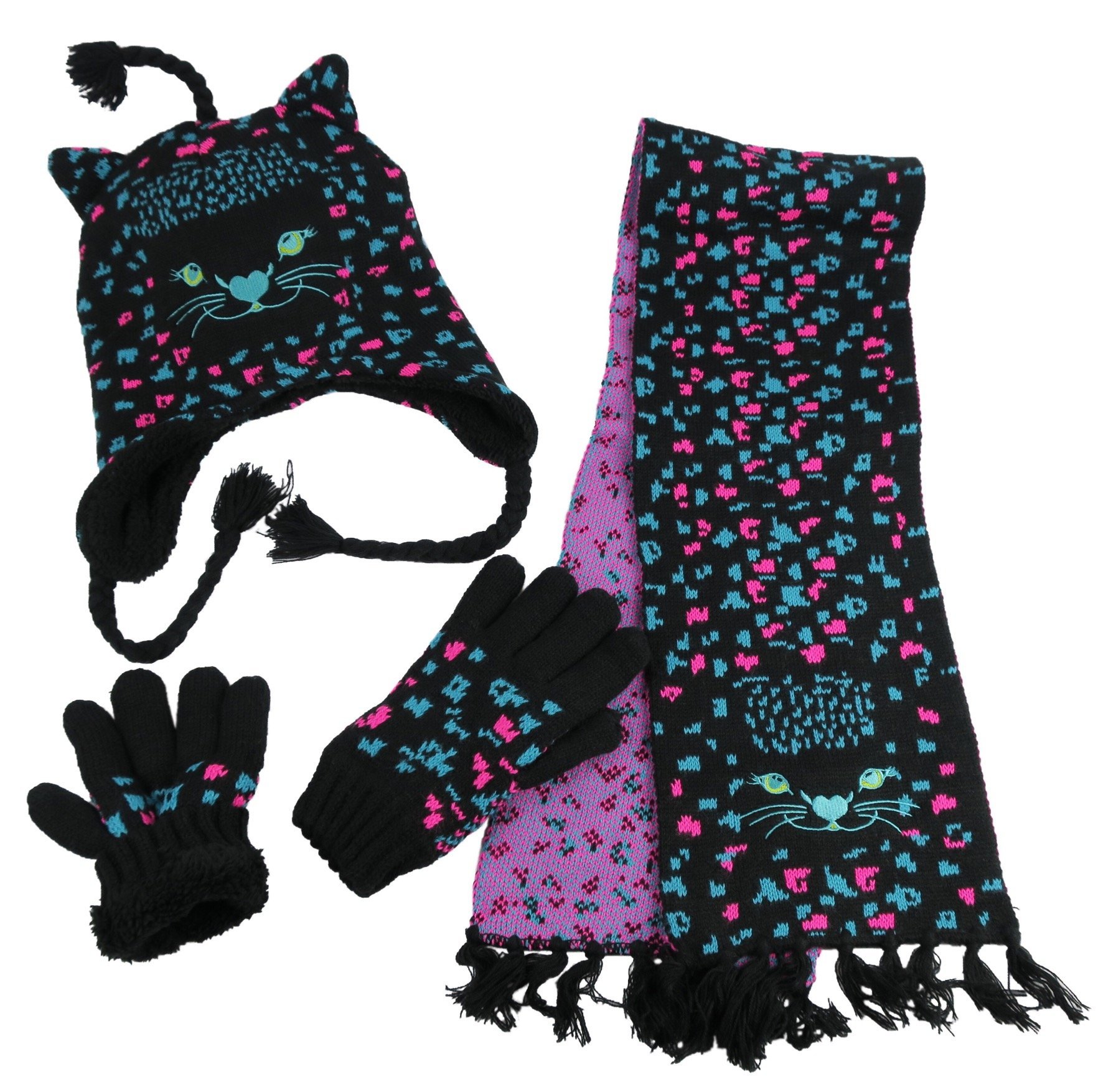 N'Ice Caps Kids Hat Glove Scarf Girls 3 Piece Winter Knit Set Sherpa Lined