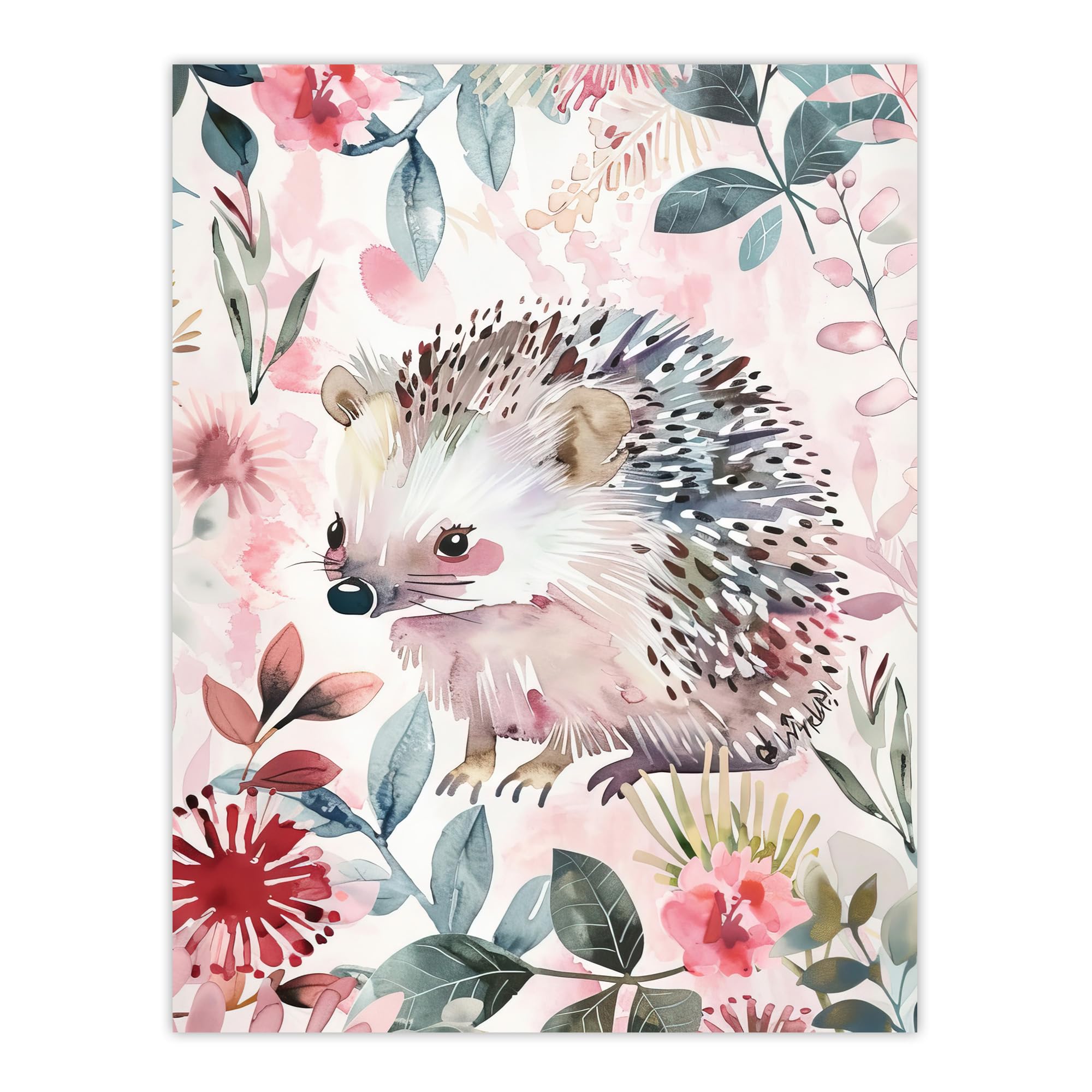 Artery8 Cute Pastel Hedgehog in Wildflowers Watercolour Kids Bedroom Extra Large XL Wall Art Poster Print