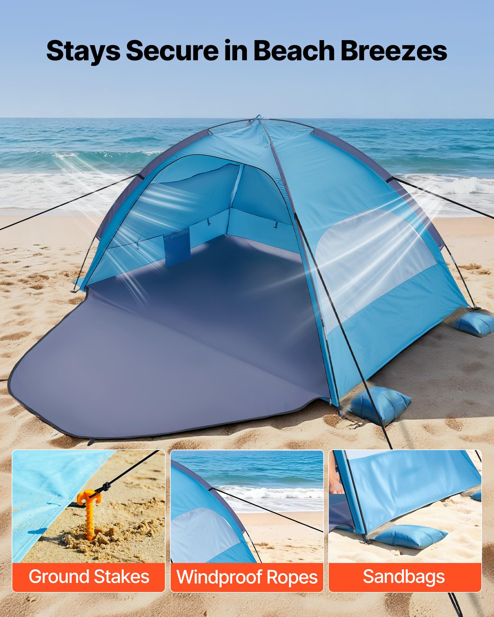 VEVOR Tienda de Playa para 3 Personas, Carpa de Refugio de Sol Protección UPF 50+, Carpa Portátil de Playa con Bolsa de Transporte y Bolsillos para Arena, para Acampar, Pescar, Picnics al Aire Libre