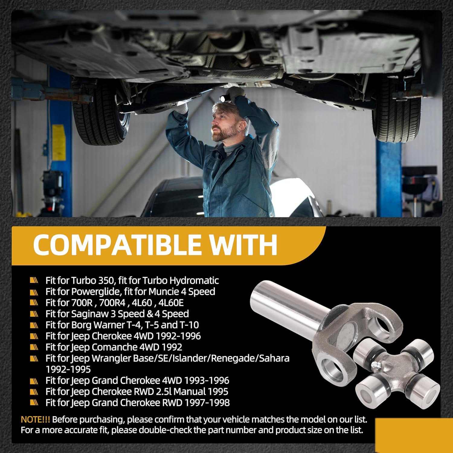 (2-3-6081X) Transmission Slip Yoke 1310 Series + (5-153X) U-Joint Kit, Compatible with GM Turbo 350 TH350 700R4, 26/27 Spines