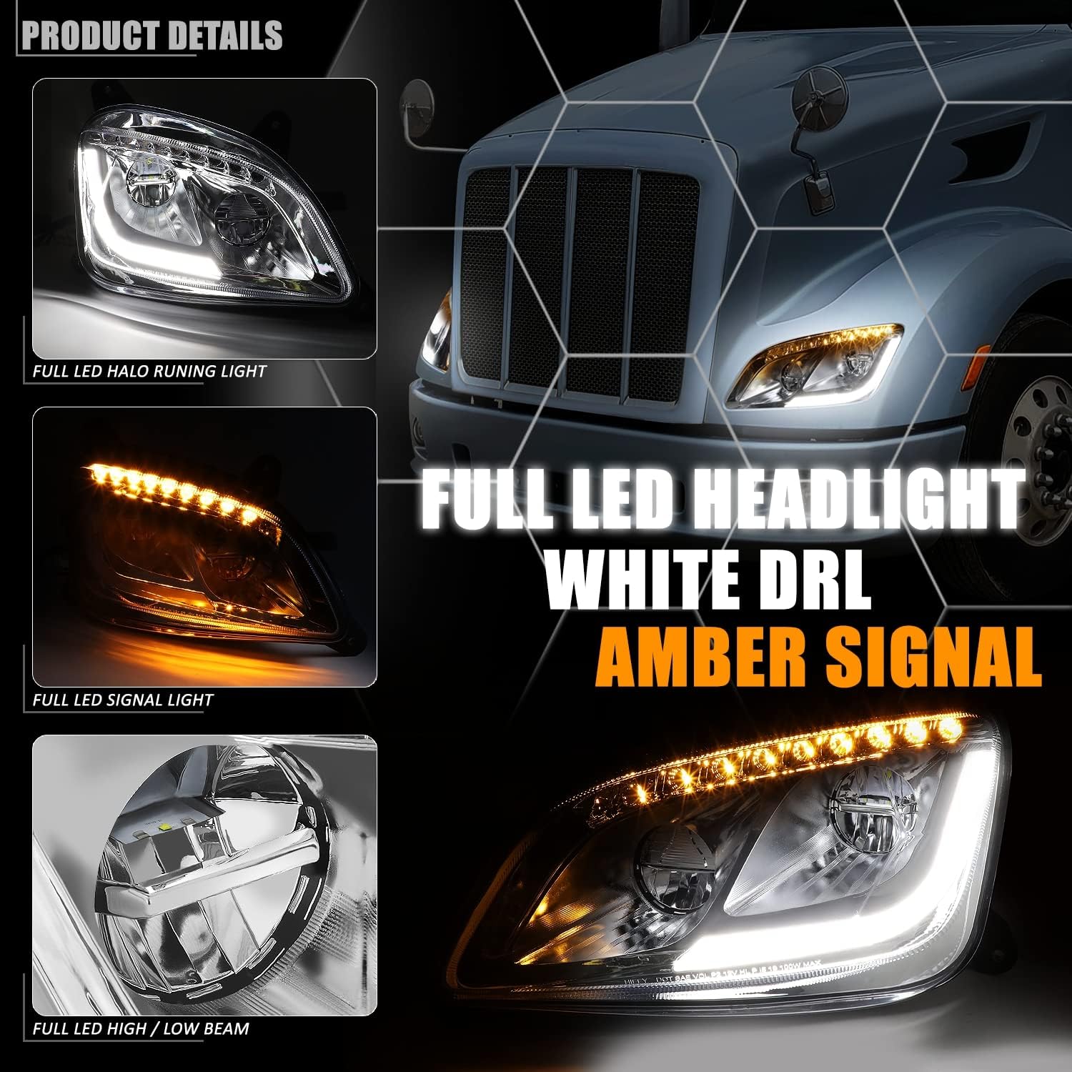 DNA MOTORING HL-HAY-032-CH Pair LED L-Type DRL Chasing Signal Headlights Compatible with 13-20 Peterbilt 579/11-18 587,Chrome Housing