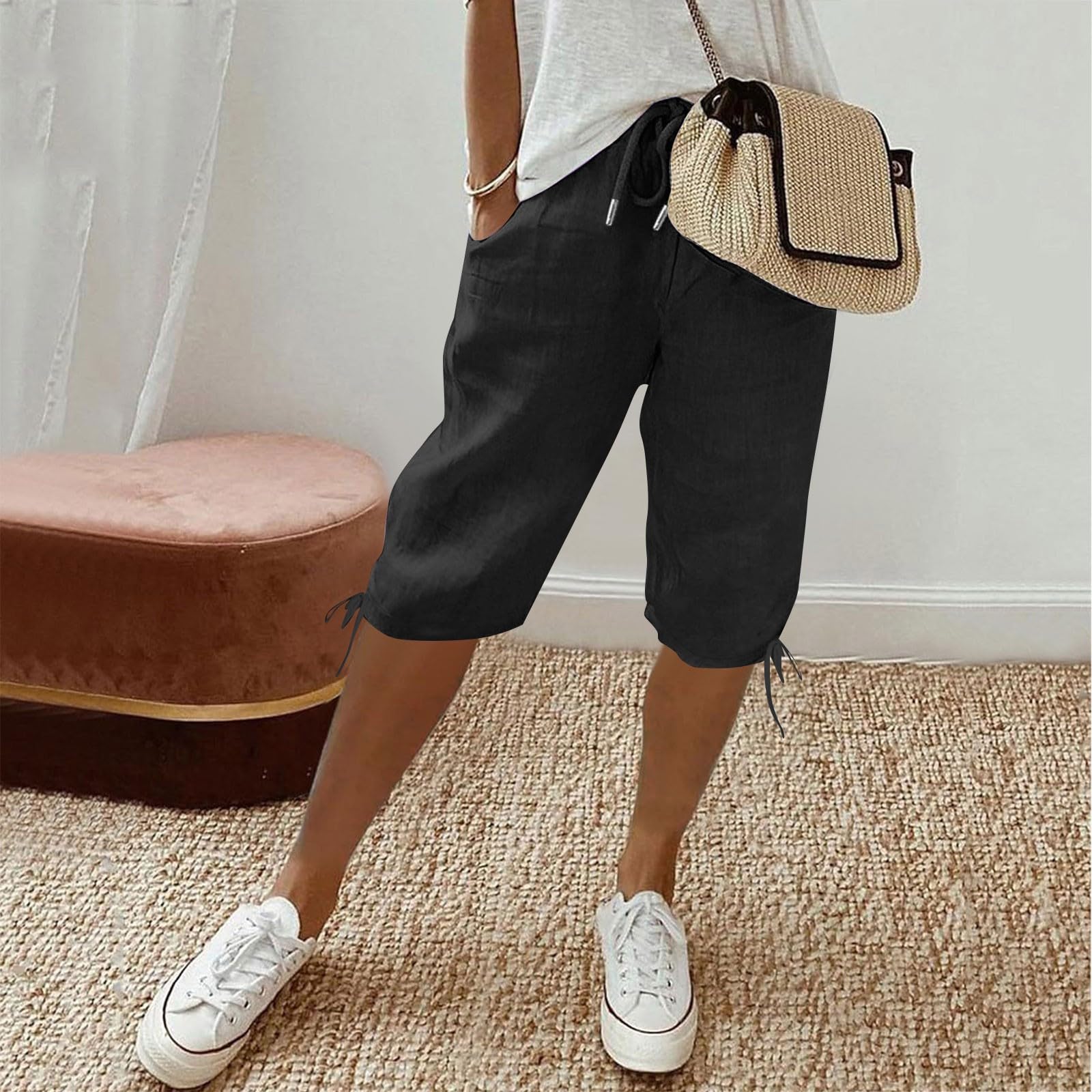 Linen Bermuda Shorts for Women Knee Length Elastic Waist Casual Shorts Loose Fit Linen Beach Pants Lightweight Cotton Workout Pants with Pockets Summer Outfits for Women 2025 Bermudas Para Mujer Black