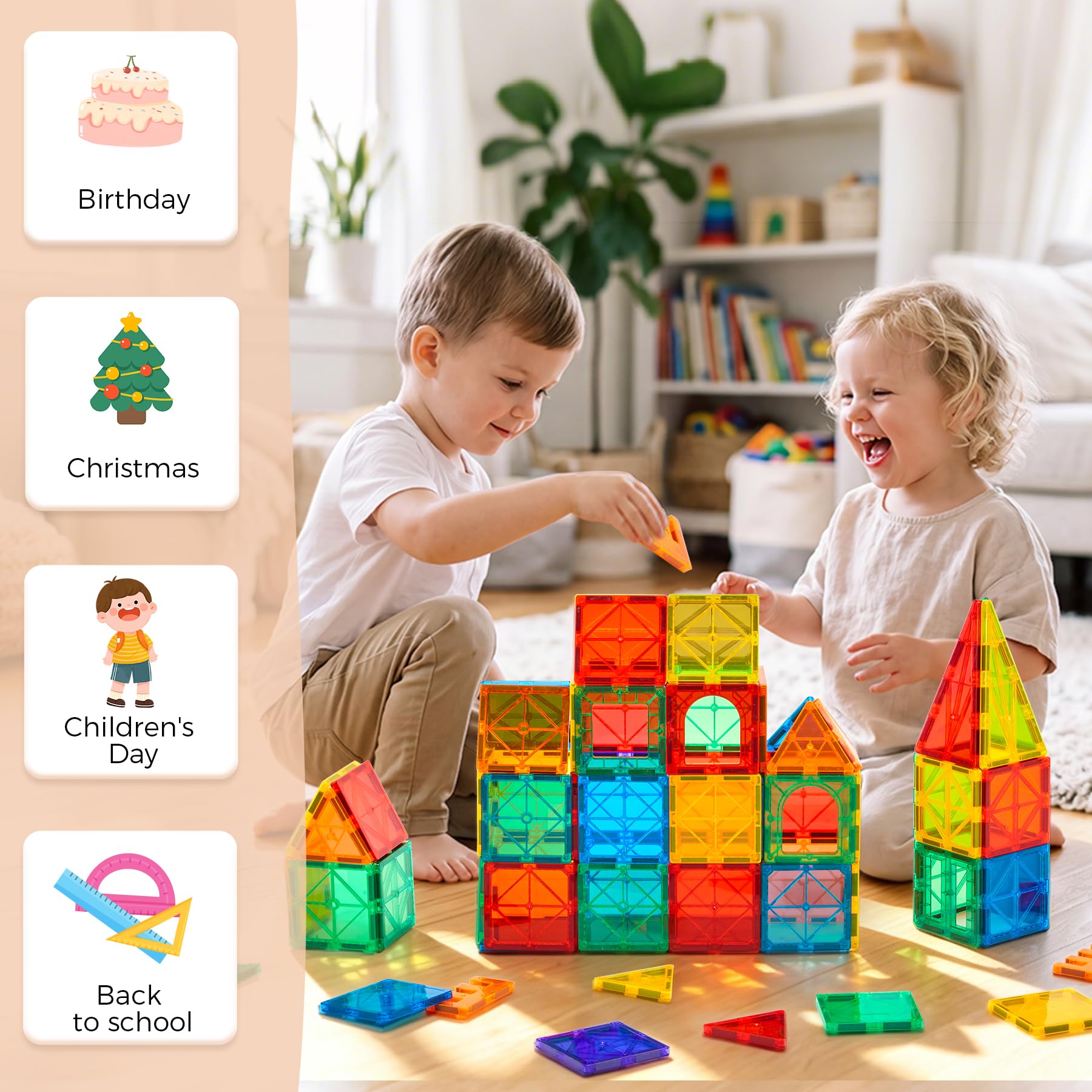 FNJO Magnetic Tiles, 110PCS Magnet Building Blocks STEM Toy for Kids view 2