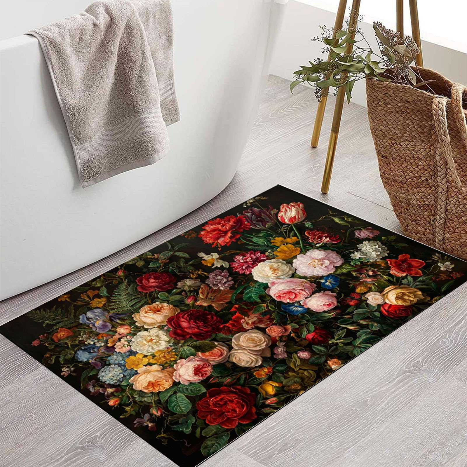 Felpudo Ultrafino Para Interiores, 80X120Cm, Pintura Clásica Al Óleo De Flores Alfombra Antideslizante Lavable Para Entrada, Botánica Gótica Felpudo De Perfil Bajo, Atrapa Suciedad, Rojo Oscuro