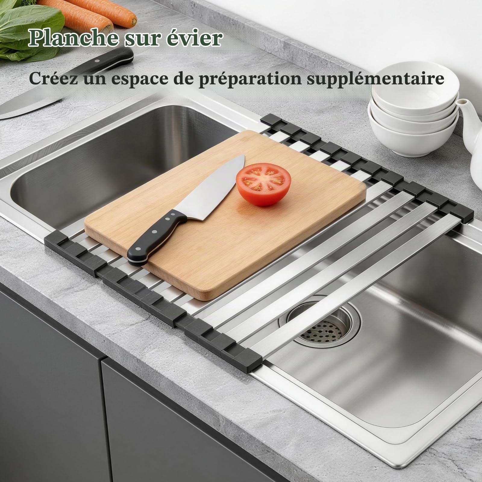 Égouttoir Vaisselle Pliable Acier Alimentaire 42x32,5cm | Avec Pieds Antidérapants en Silicone. Organisateur Pratique pour Évier et Plan de Travail, Facile à Plier et Ranger