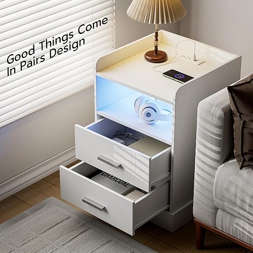 Miniatura 5 de ZttRiee Mesita de noche con estación de carga y luces LED, mesita de noche con 2 cajones, 2 salidas de CA, 3 puertos USB, moderna, para dormitorio,