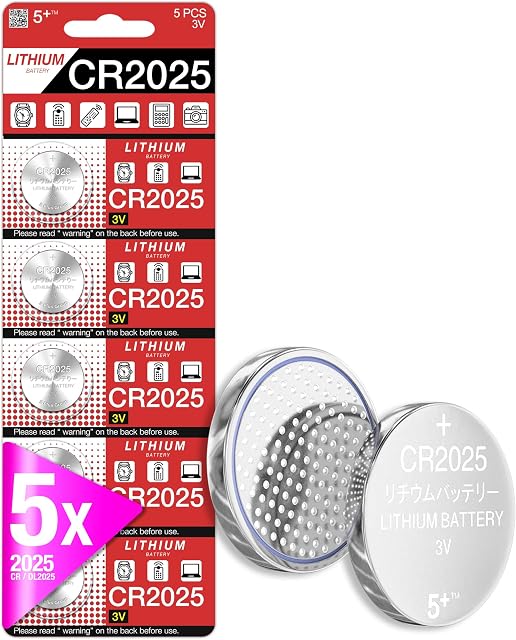 5Plus Group 5 Pcs CR2025 DL2025 3V Lithium Battery CR 2025 Coin Cell Button Suitable for Use in Keyfobs, Scales, Toys, Led lights, wearables and medical devices, etc