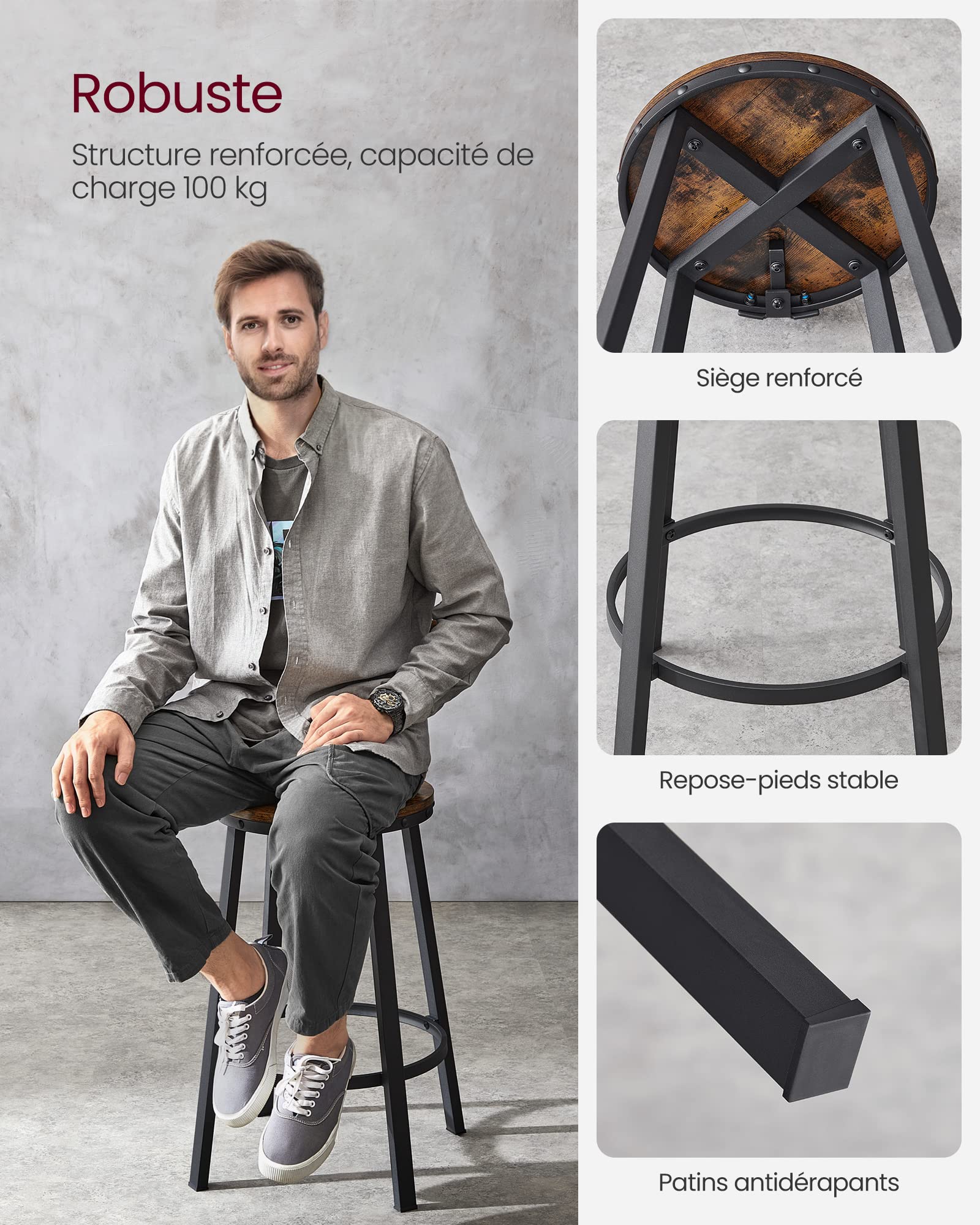 VASAGLE Ensemble Table Haute avec 2 Tabourets de Bar, Table de Bar Carrée, Table de Cuisine, Chaises de Bar, Chaise de Cuisine, Cadre en Métal, Montage Facile, Marron Rustique et Noir LBT031B01