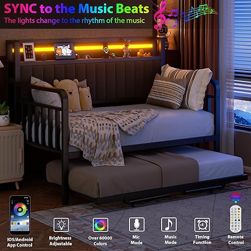 Miniatura 5 de Sofá cama con nido y luz LED, marco de cama individual de metal resistente con cabecera de almacenamiento tapizada y estación de carga, cama nido