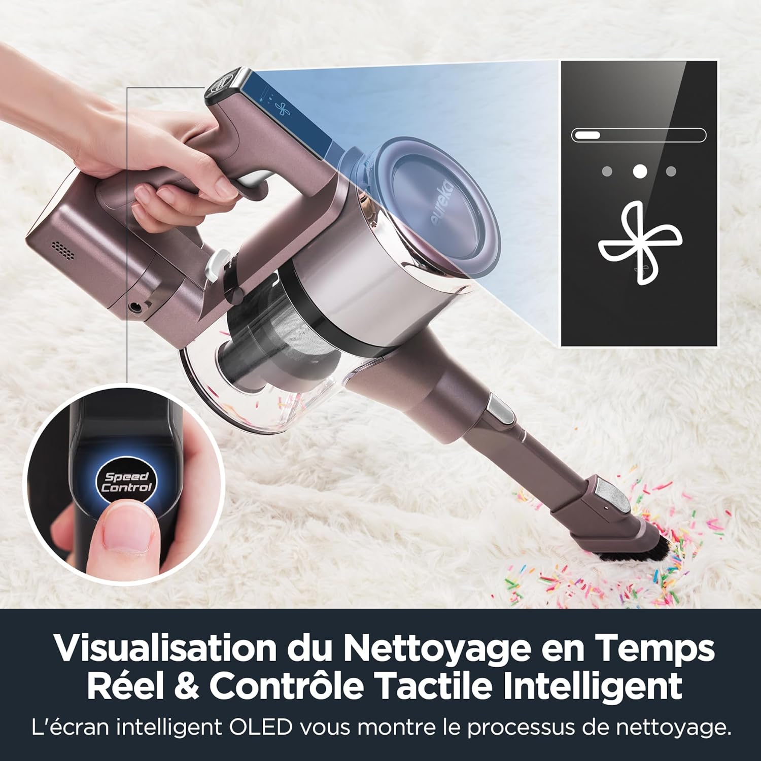 Eureka AK10 Pro with its foldable tube extended to clean under a low table