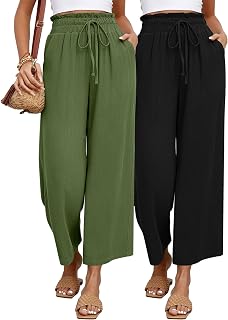 2 Pcs Women's Wide Leg Pants, Casual Linen High Waisted Cropped Trousers with Pockets Drawstring Loose Palazzo Pants (Black, Army Green,Small)