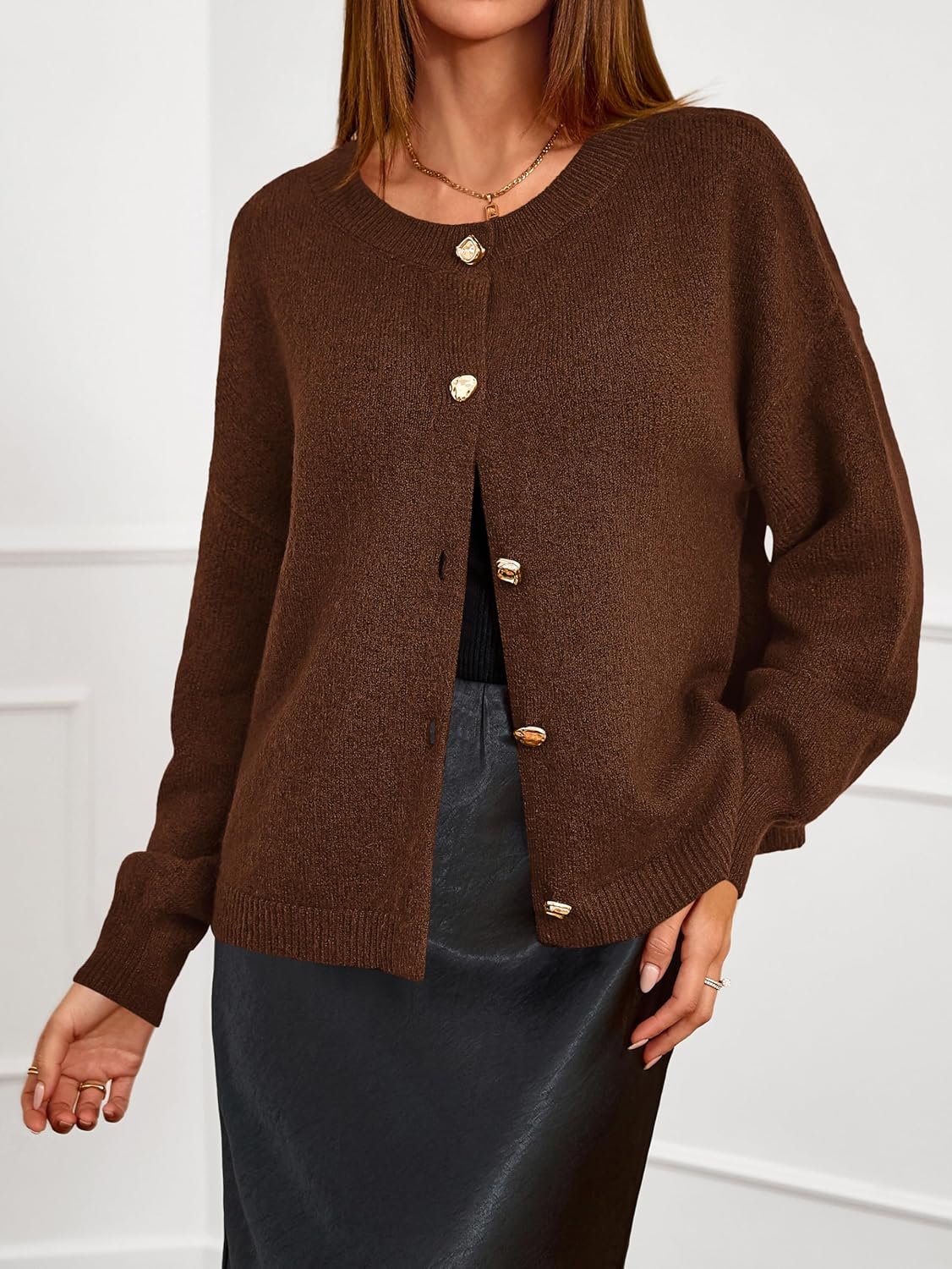 MASCOMODA Fall Long Sleeve Oversized Cardigan Sweaters for Women Trendy Short Open Front Gold Button Up Sweater Jackets - Image 4