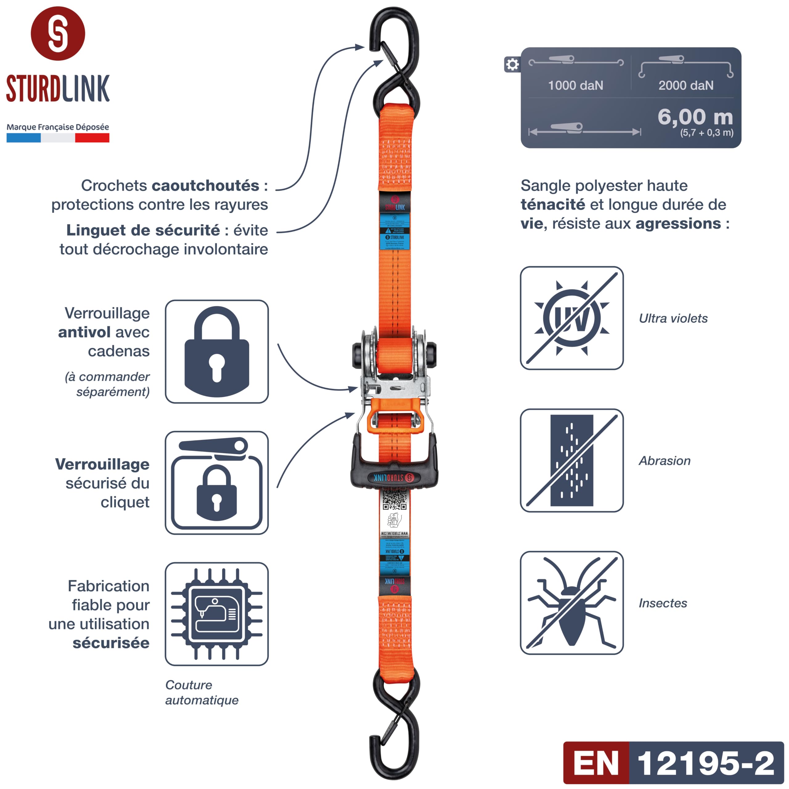 Sangle a Cliquet 6m 35mm avec Récupérateur de Tension | Lot de 4 Sangles Arrimage avec Crochets S à Linguet | LC 1000daN/2000daN en U + Sac de Rangement | pour Remorque, Camionnette, Camion, Tracteur