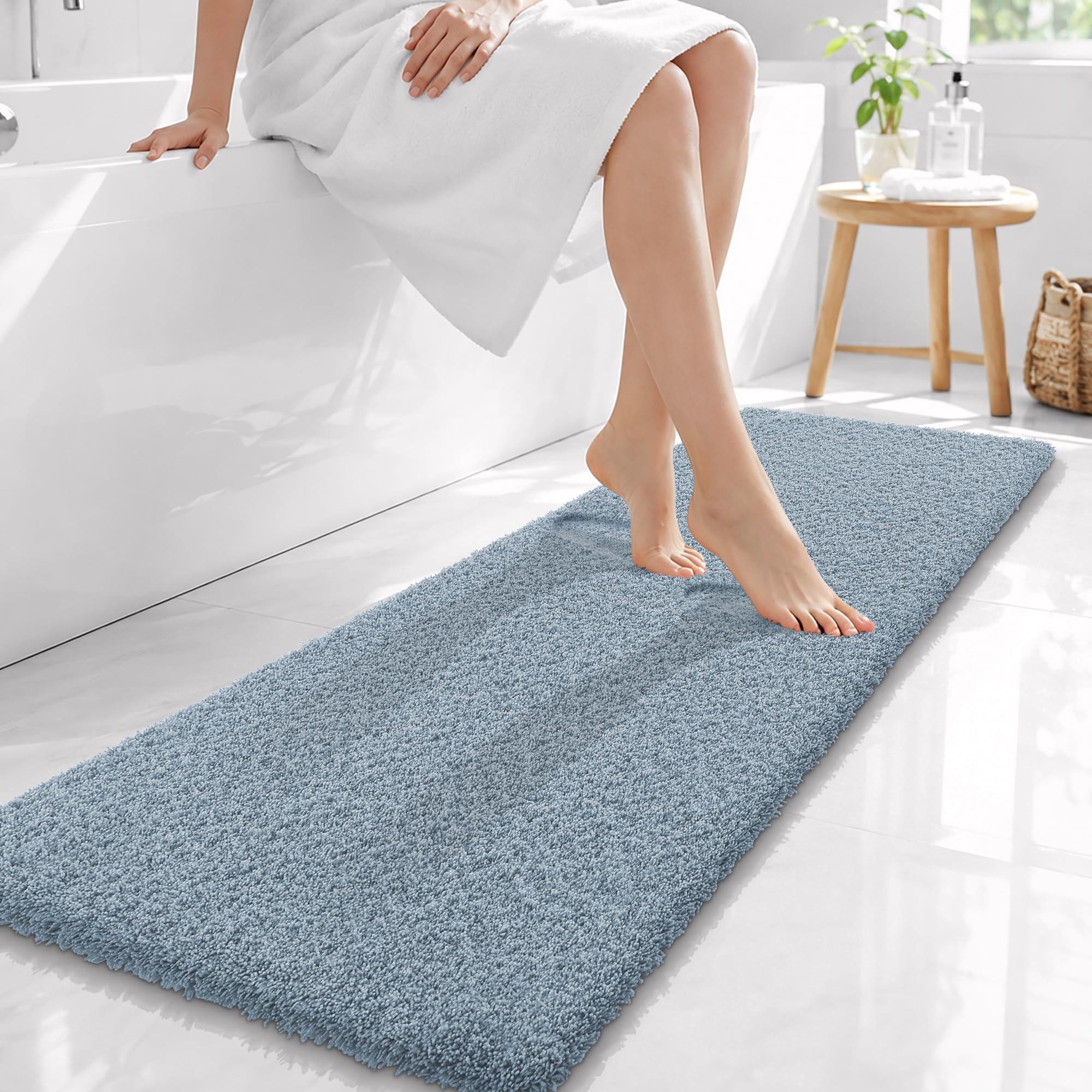 OLANLY Microfiber Bathroom Runner Rugs 59x20, Soft Bath Mat, Airy Blue
